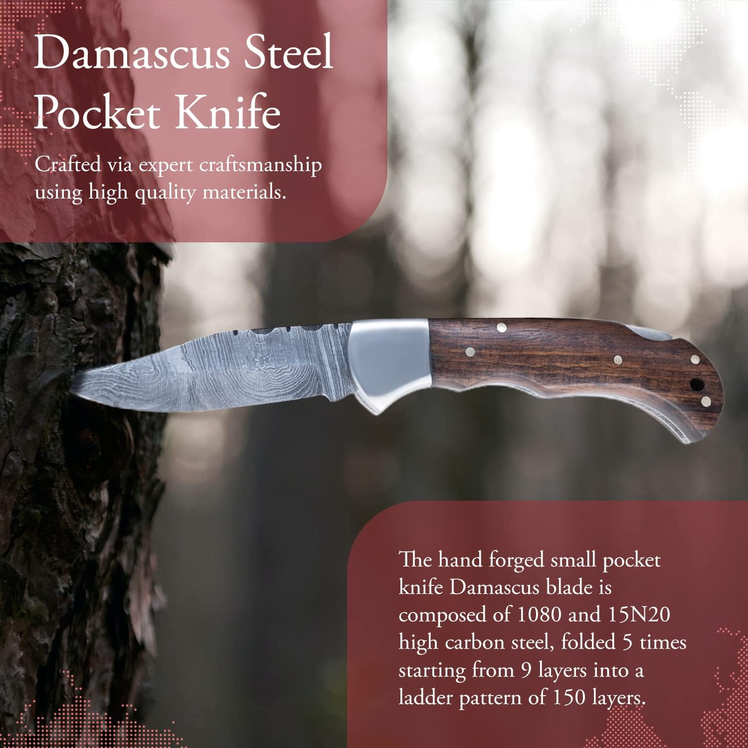 Morf Steelware Damascus Steel Pocket Knife Handmade Folding Knives Small Pocket Knife for Outdoor, Camping, Hiking Back Lock Blade Made of Authentic Damascus Steel (Rose Wood)