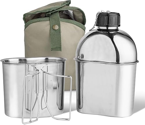 Cantina militar de acero inoxidable 1.2QT botella de agua portátil del ejército con taza de 0.6 cuartos de galón y mangas para camping, senderismo,