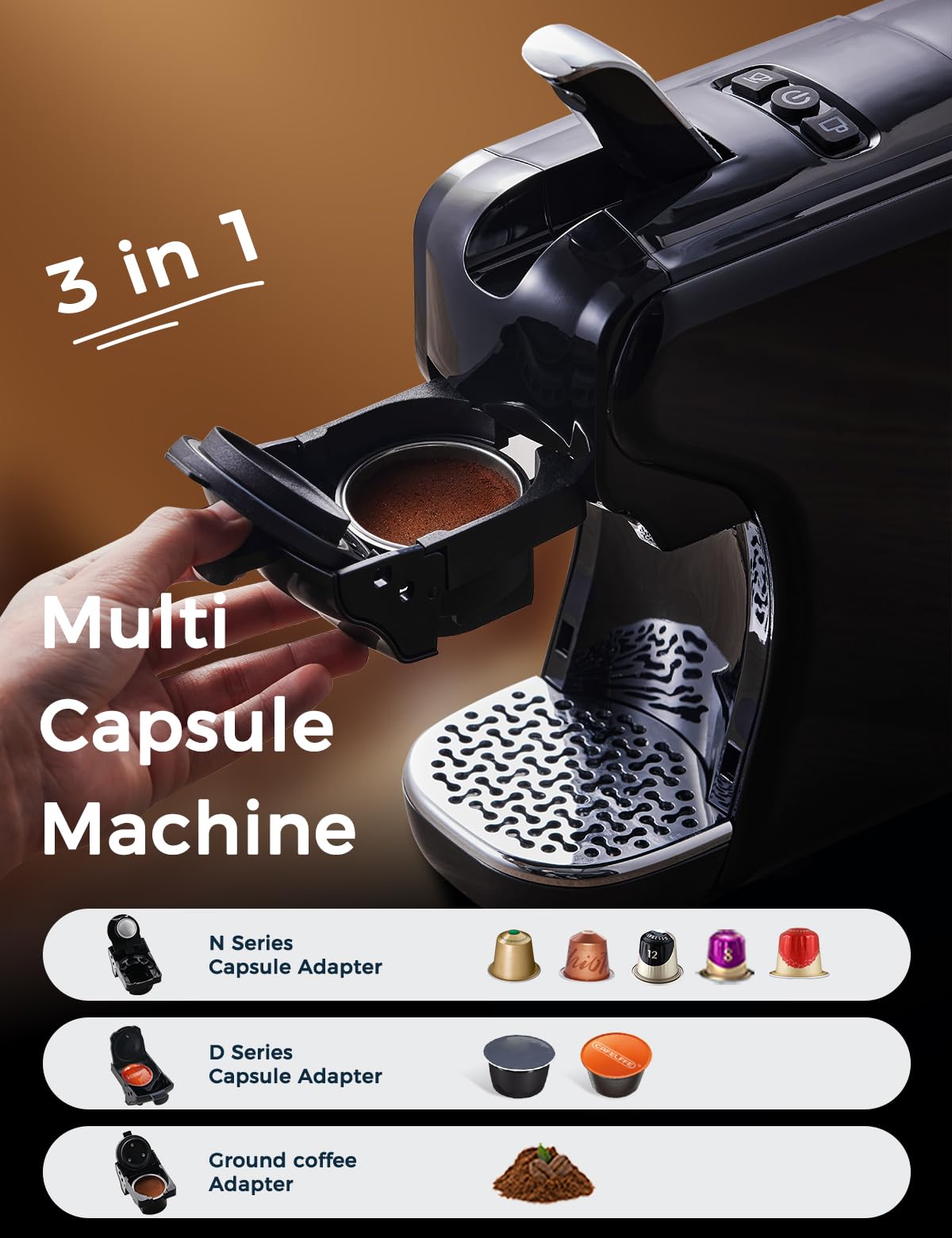 CAFELFFE Cafetera de cápsulas MK-611 3 en 1, 19 bares, para café frío/caliente, compatible con NES/DG/molido, altura ideal para tazas grandes (negra). Ideal para regalar.