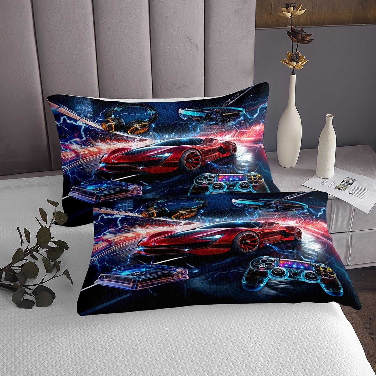 Manfei Race Car Kids Bedspread King Size,Gaming Gamepad Video Games Honeycomb Coverlet Set,Girls Boys Room Decor,Headset Lightning Gamers Quilted Coverlet,Red Blue Fashion Bedding Quilt,2 Pillowcases