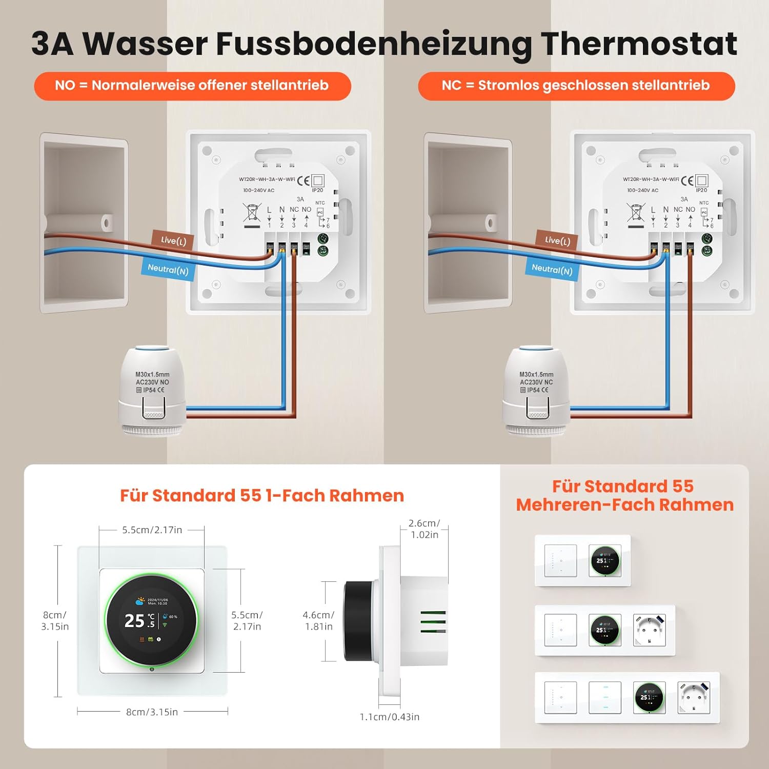 Wiring diagram for AVATTO Smart WiFi Thermostat showing connections for Normally Open (NO) and Normally Closed (NC) actuators, along with dimensions.