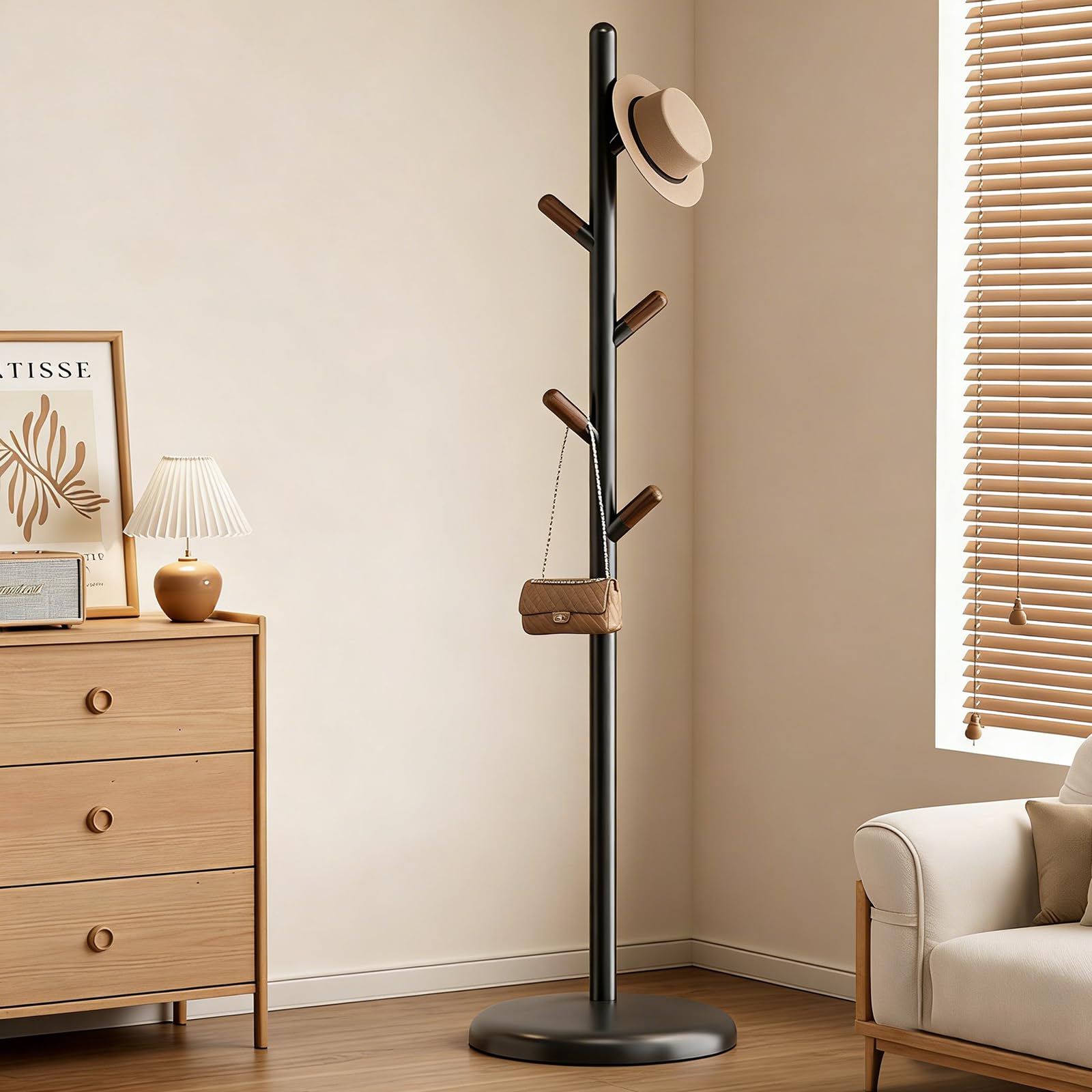 Js Space Black-A Freestanding Wooden Hook Coat Rack Stand Sturdy Coat Tree Standing Hanger For Entryway, Bedroom,Hallway,Entrance