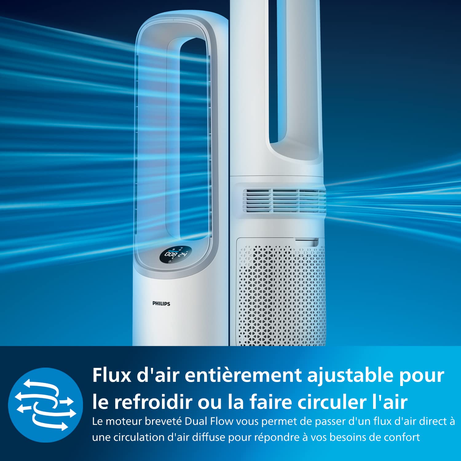 Philips Purificateur d'air Série 7000 - Purificateur & Ventilateur 2en1, jusqu'à 70 m², Élimine 99,97% des Allergènes et Polluants, Filtre HEPA, Capteurs Intelligents, Appli Air+, Blanc (AMF765/10)