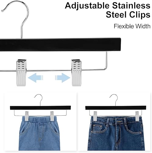 Miniatura 3 de AMKUFO 20 perchas de madera para pantalones, perchas sólidas para pantalones con clips ajustables de 14 pulgadas, perchas de madera negra para