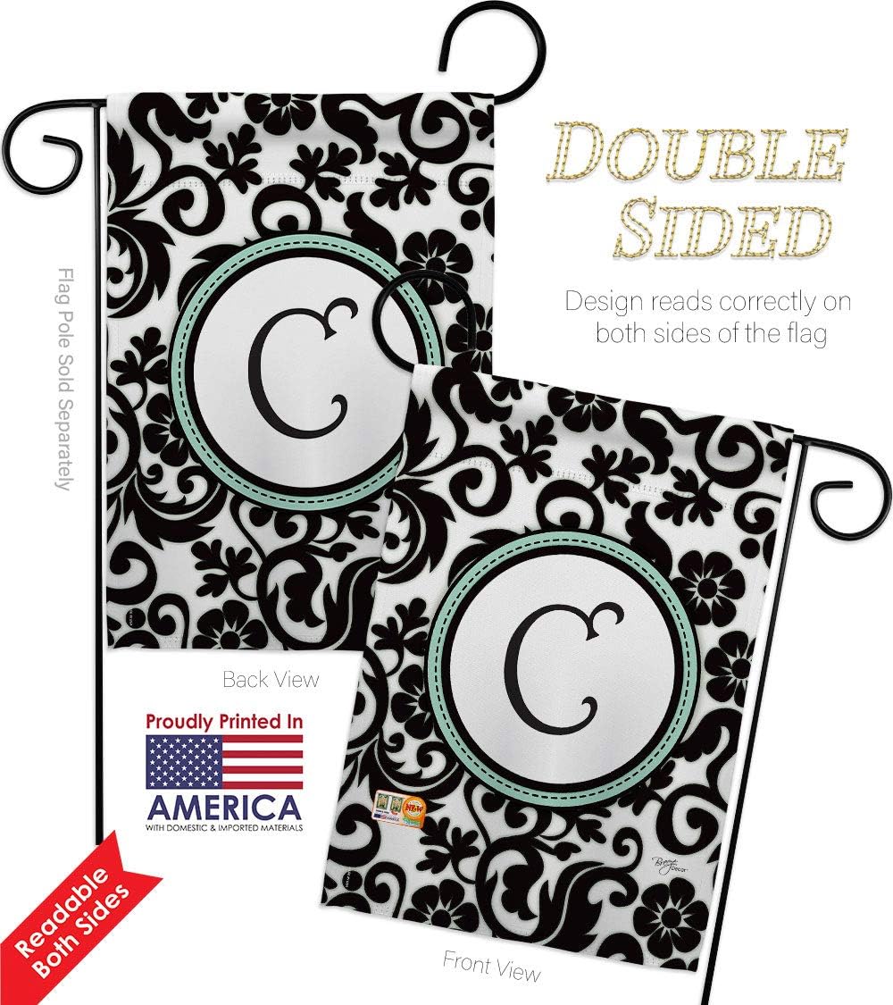 Damask C Initial Garden House Flags Set Monogram Country Living Simply Beauty Floral Vintage Letter Everday Classic Small Decorative Gift Yard Banner Double-Sided Made In USA 28 X 40