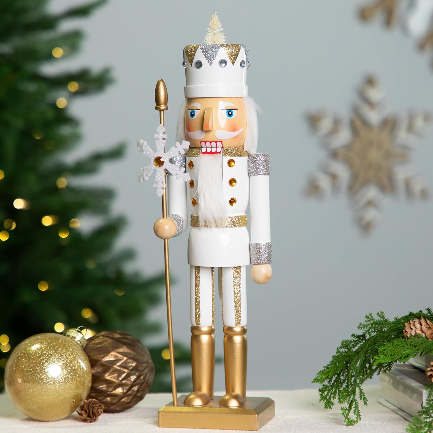 Northlight Glittered Nutcracker with Snowflake Scepter Christmas Figure - 15" - White