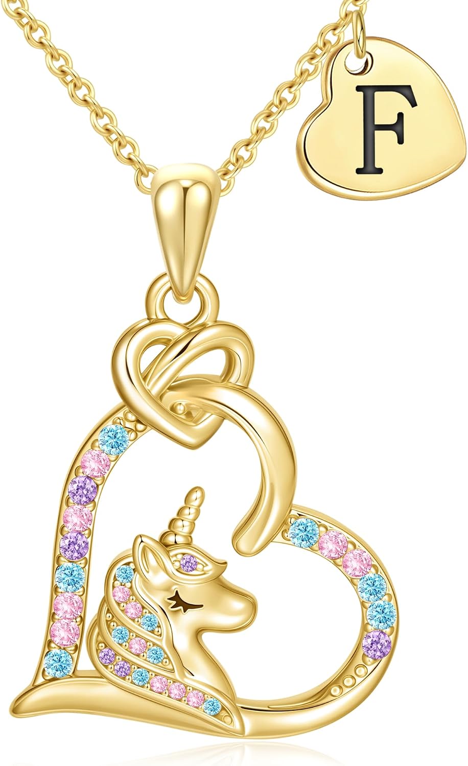 C-leen Stocking Stuffers for Teen Girls Kids, 14K Gold Plated Colorful CZ Heart Initial Pendant Unicorn Necklaces Christmas Gifts for Grandkids Girls Kids