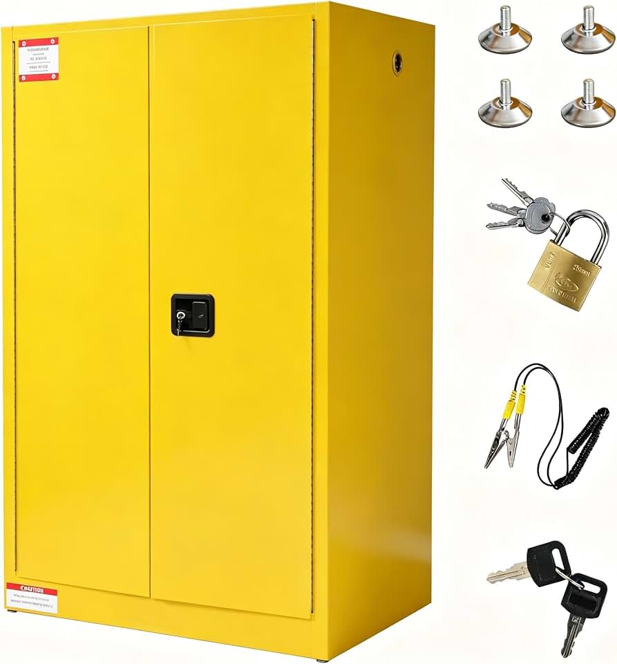 45 Gallon Flammable Safety Cabinet, 43" x 18" x 65" Galvanized Steel Industrial Flammable Liquid Storage Cabinet with 2 Adjustable Shelves, Fireproof Double-Wall Design, Manual Close Doors