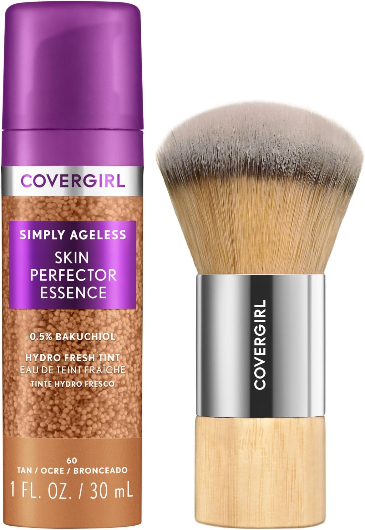Covergirl Simply Ageless 60 Tan Foundation, Blending Brush - Skincare Makeup with Bakuchiol & Tranexamic Acid, Sheer Tint, 1oz
