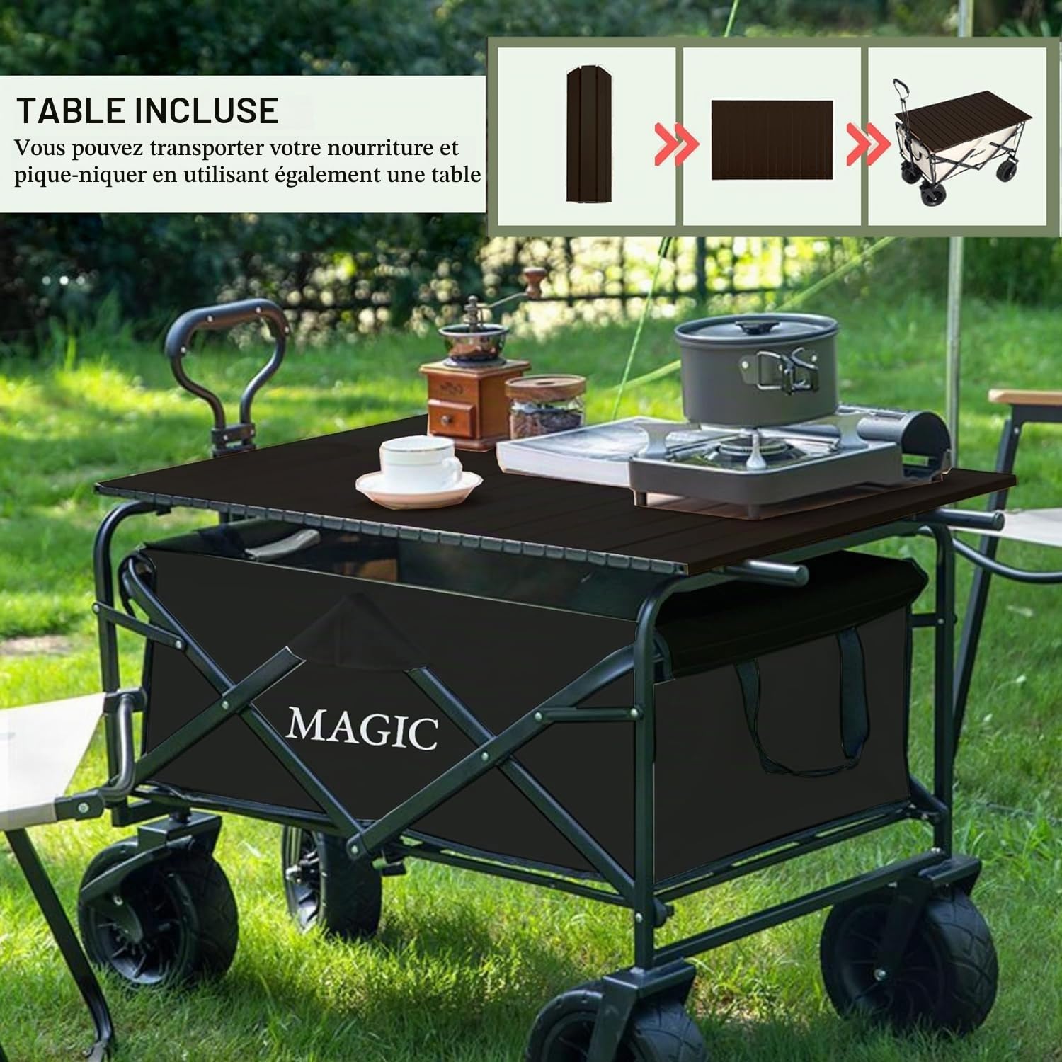 𝗖𝗵𝗮𝗿𝗶𝗼𝘁 𝗽𝗼𝘂𝗿 𝗹𝗮 𝗣𝗹𝗮𝗴𝗲 Pliable pour le Camping, le Pique-Nique, etc. Chariot Transformable en Table de Jardin. Chariot de Transport avec sac et Poignée Réglable. Brouette avec Freins.