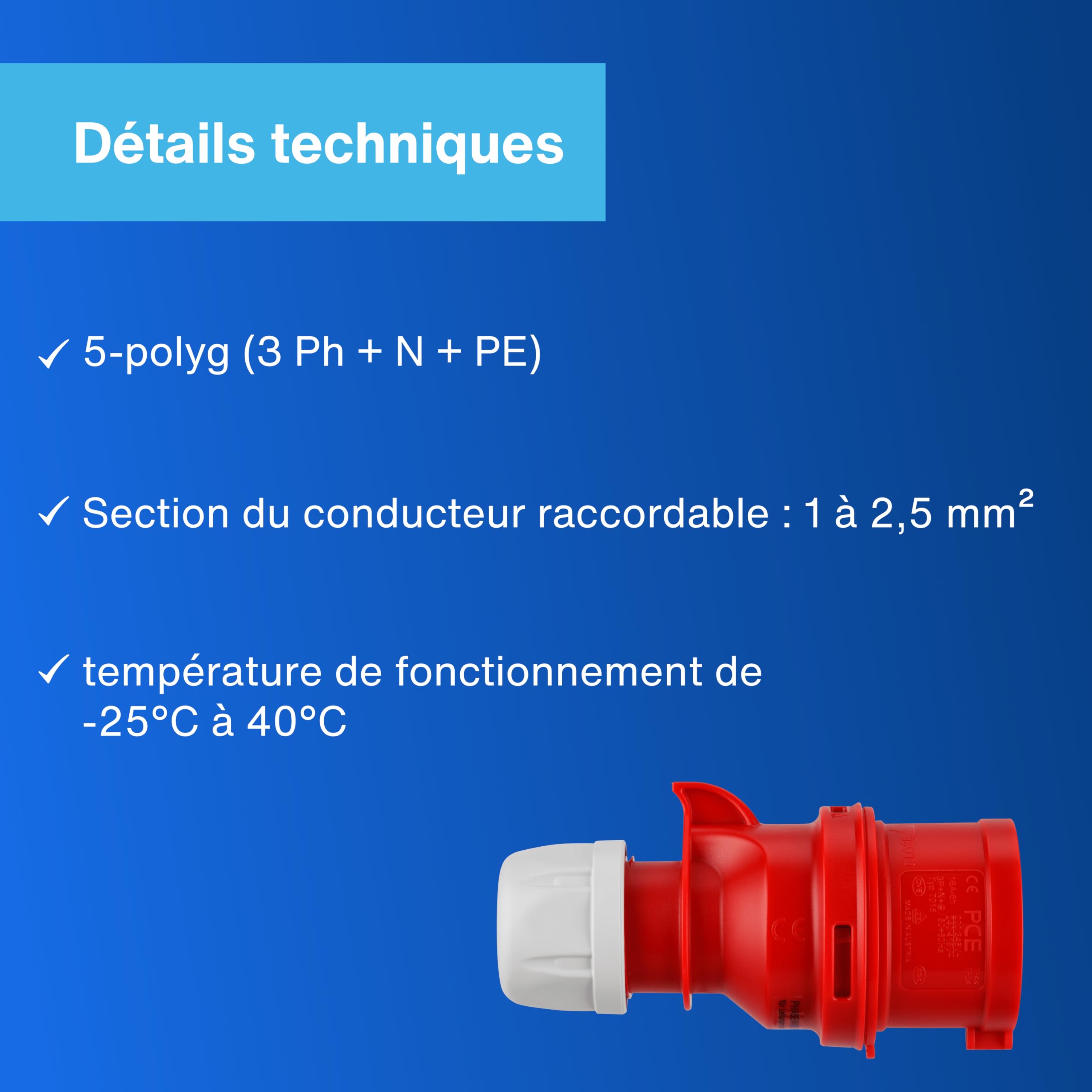 REV Inverseur de Phase CEE 16A, 400V, 5 pôles (3P+N+T), Prise triphasée IP44 étanche, Rouge