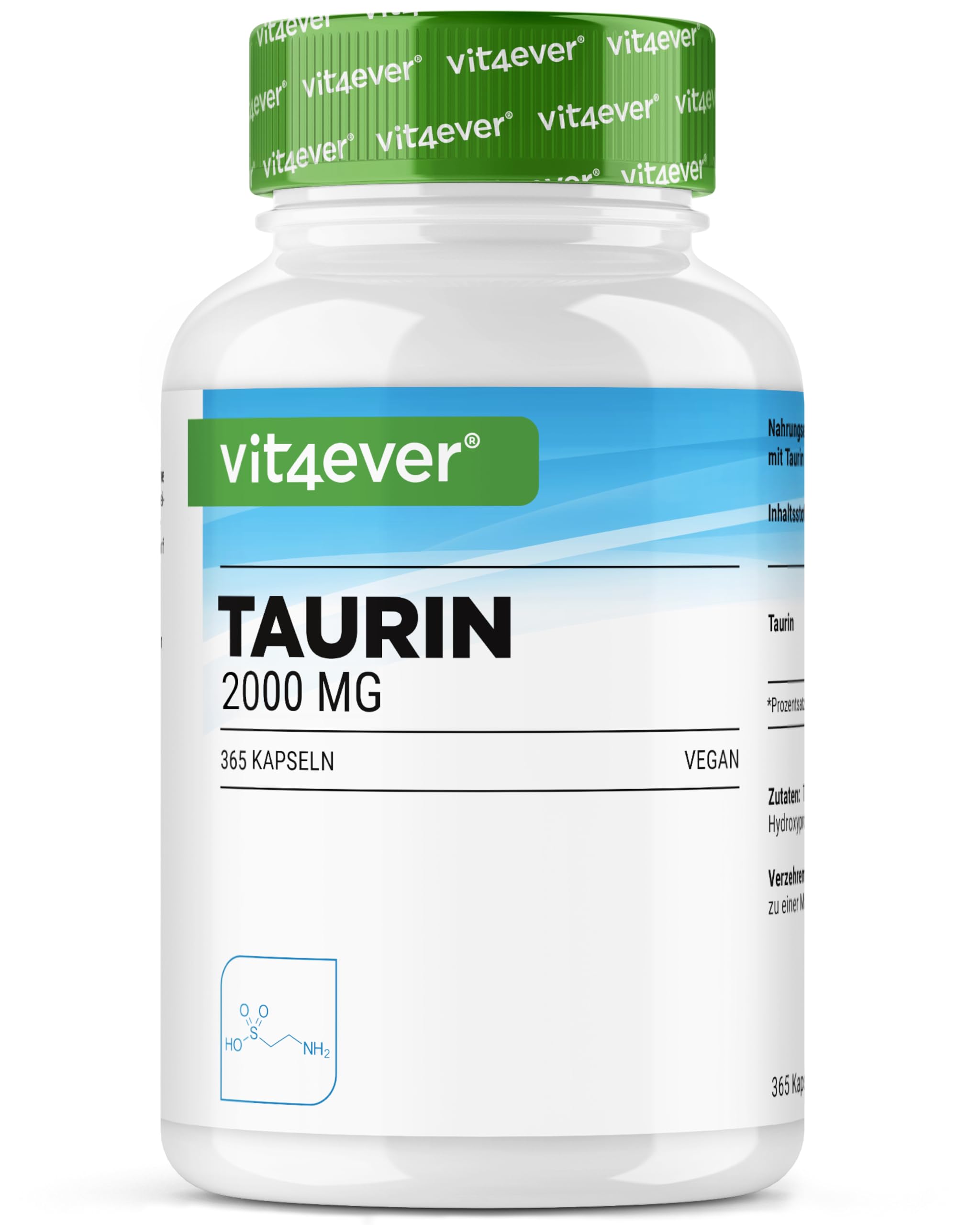 vit4ever Taurina - 365 Capsule - Extra Alto Dosaggio con 2000 mg per Dose Giornaliera (2 Capsule) - Oltre il 99% di Purezza - Senza Additivi Inutili, Vegano