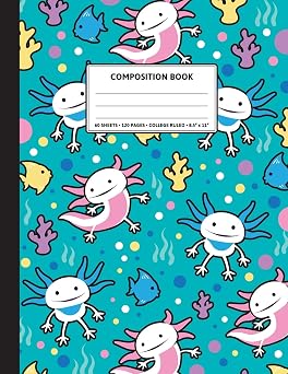 Composition Notebook Cute Axolotl Aquatic Pattern. Blank Lined.