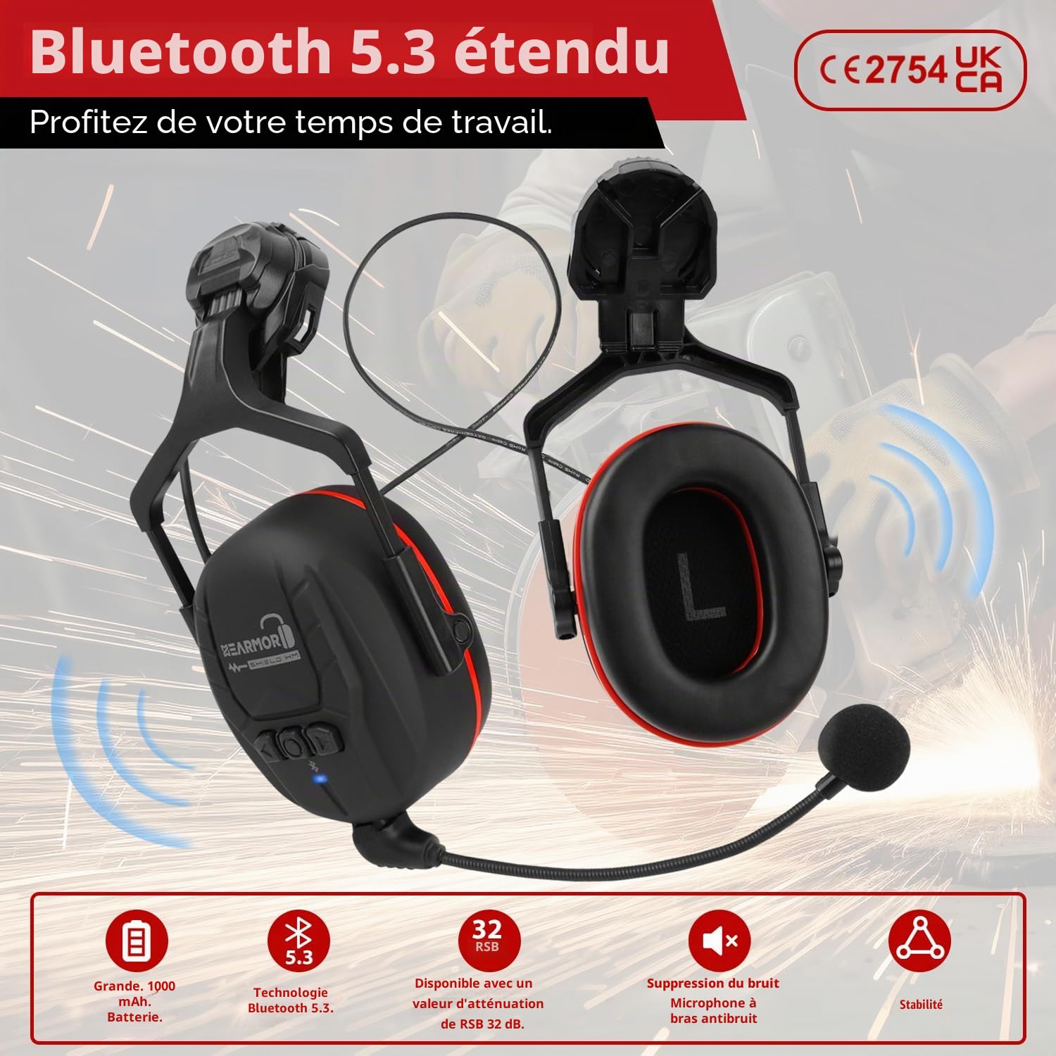 HEARMOR Höhenarbeiten Casque industriel pour adulte avec protection auditive active ABS Casque de protection certifié EN12492 Conforme EN397 Absorption des chocs et résistance à la pénétration Test