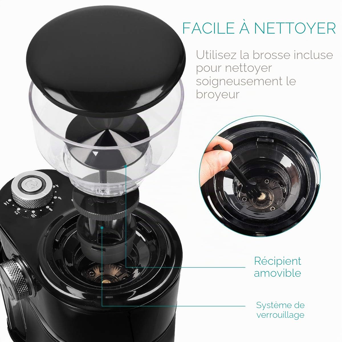 Navaris Moulin à café électrique - Broyeur de café avec meule plate pour 2 à 14 tasses - Grinder avec différentes épaisseurs de mouture