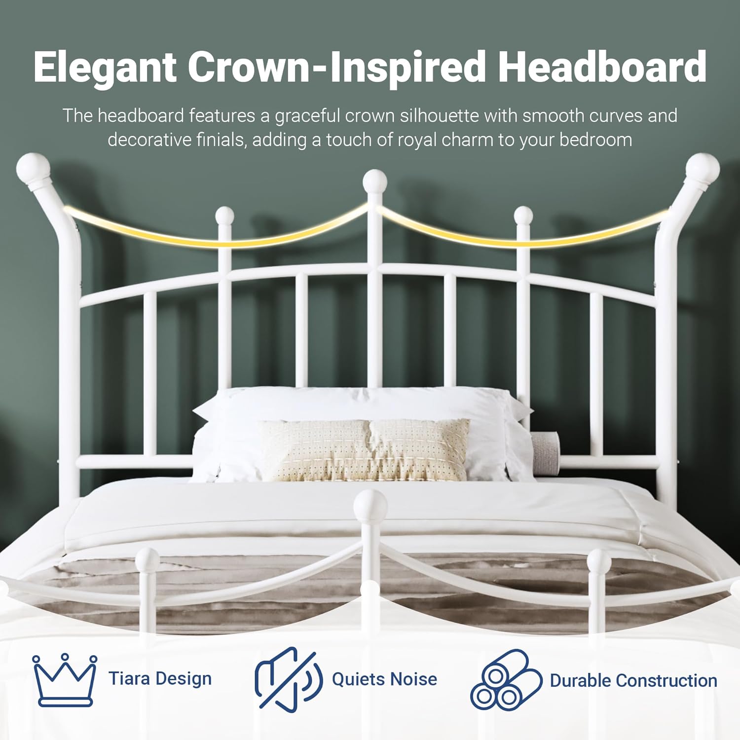 Allewie 14 Inches Twin Size Metal Platform Bed Frame with Elegant Crown Iron-Art Headboard & Footboard, Sturdy Mattress Foundation with Under-Bed Storage, Easy Assembly, No Box Spring Needed, White - Image 4