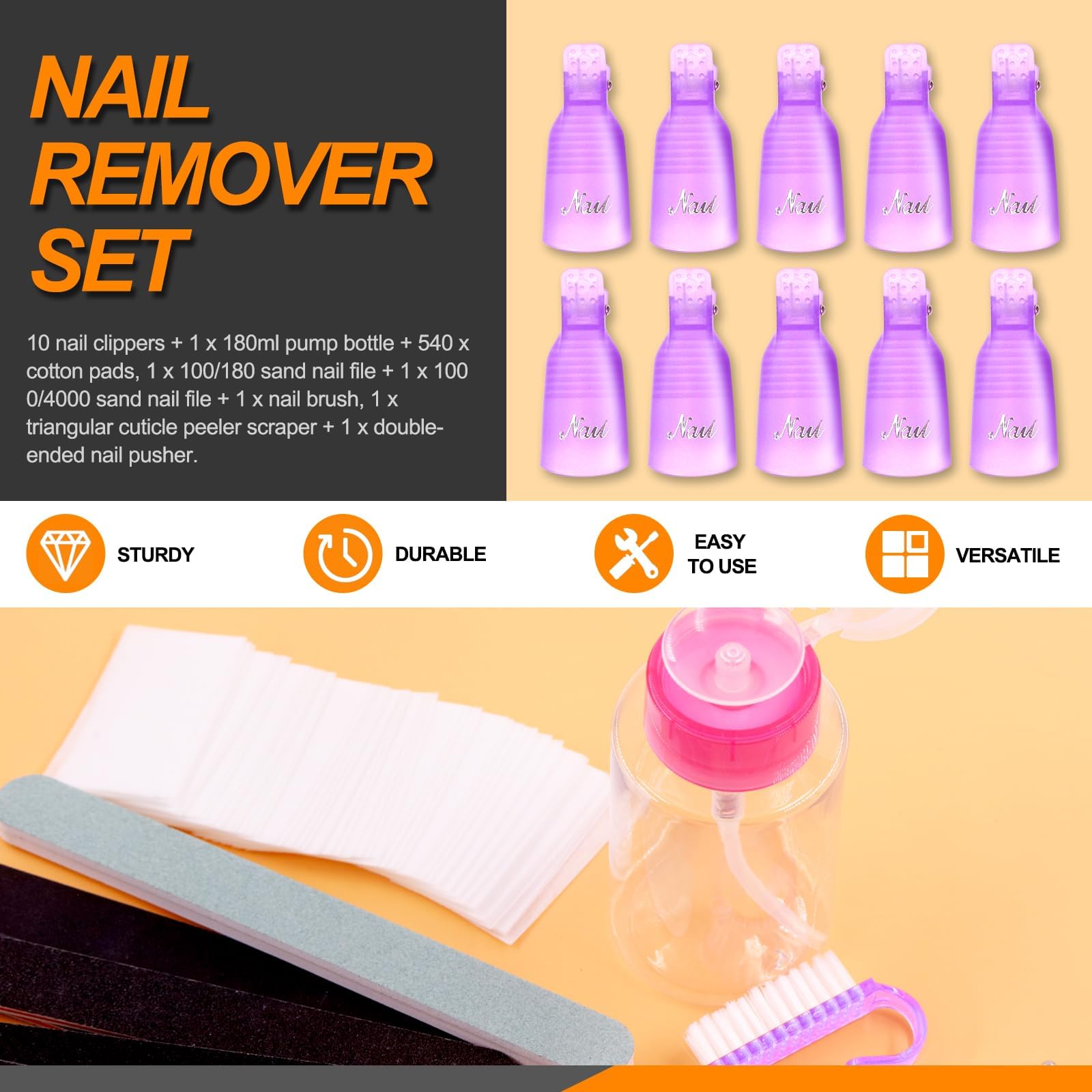 Rustark 17Pcs Gel Nail Remover Tools Kit Includes Purple Nail Remover Clips for Hands Nail Polish Remover Pump Bottle - Image 3