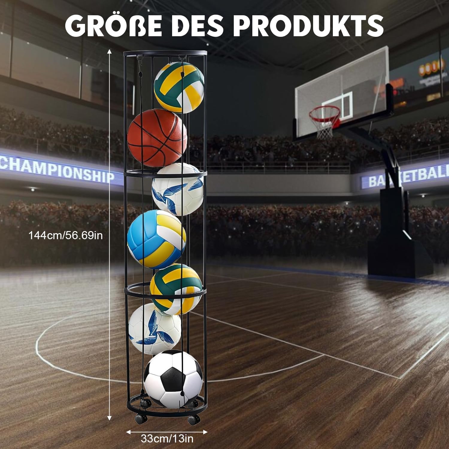 Vertikales Ballständer, Ballständer mit Rollen Ball Aufbewahrung Wandmontierter Ballaufbewahrungskäfig, Ballaufbewahrungsregal für Basketball, Fußball, Volleyball (3-Lagiges)