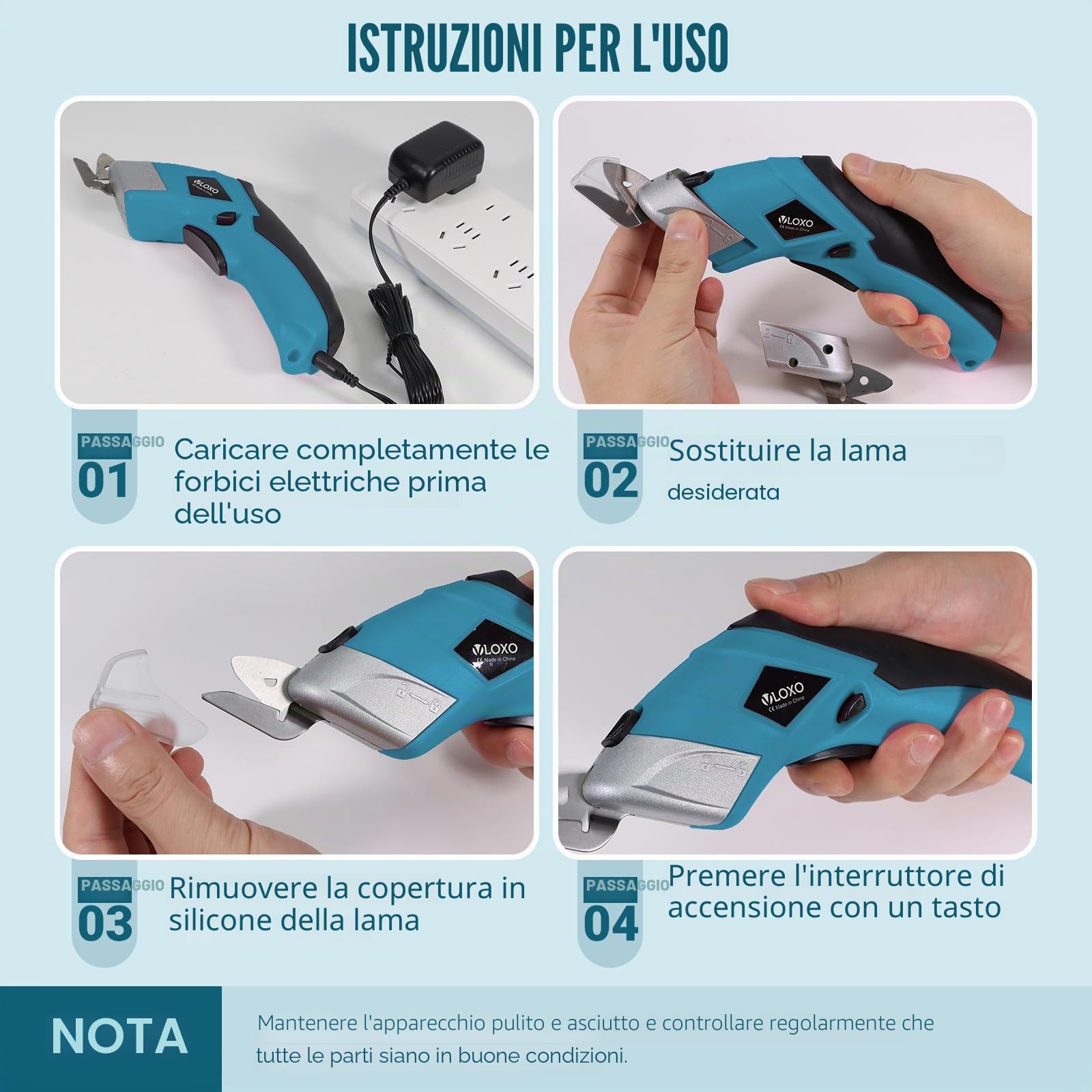 VLOXO Forbici Elettriche Cutter per Tessuti Cesoie Elettriche Senza Fili Taglierina Elettrico con 2 Testina di Taglio Multi-Cutter Ricaricabile per Cartone Pelle Tappeto Piante Plastica (Arancione)
