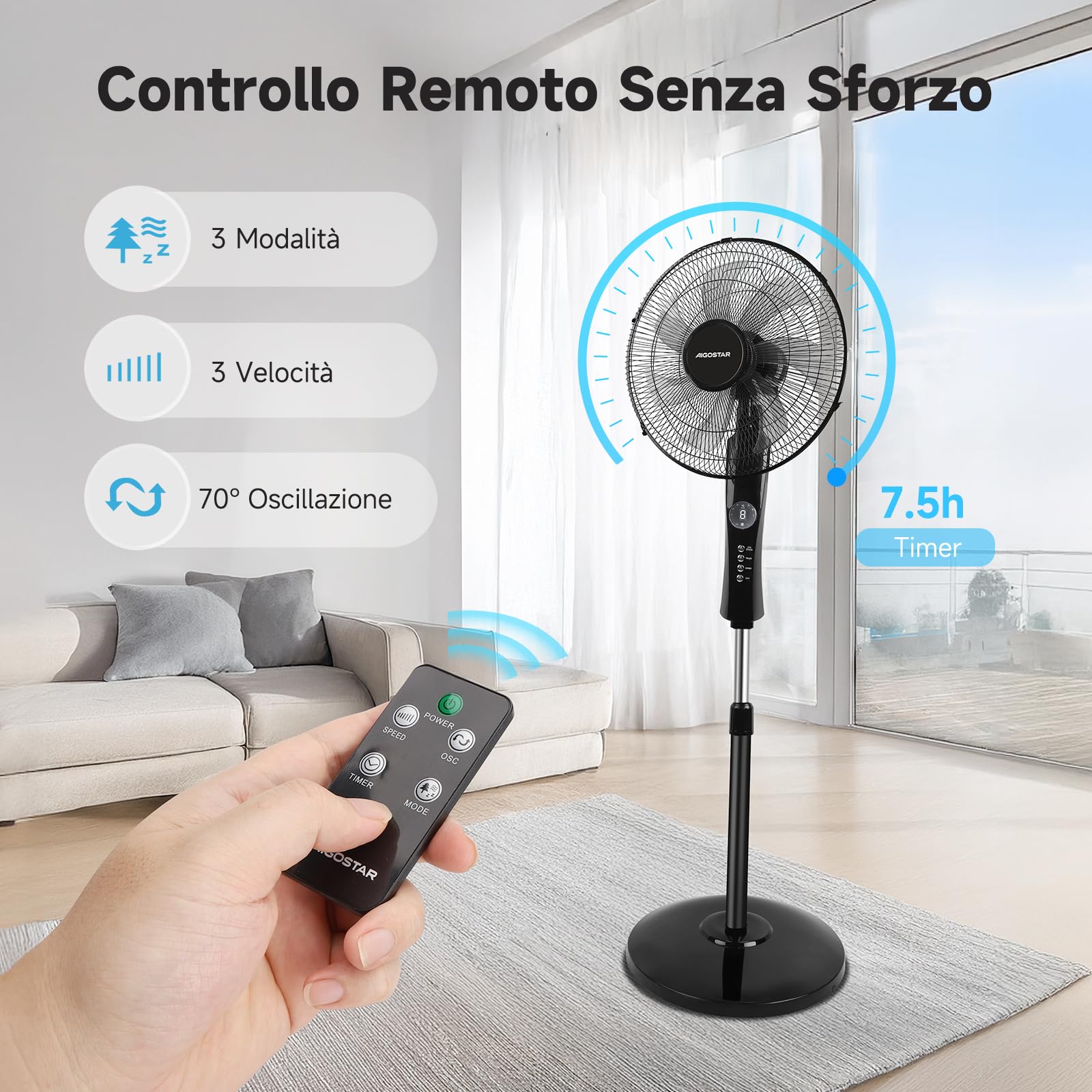 Aigostar Ventilatore a Piantana Potente da 55W con Telecomando, 7 Pale Ventilatore Silenzioso, 3 Modalità e 3 Velocità, Oscillazione 70°, Altezza Regolabile fino a 140 cm, Base Rotonda, Nero