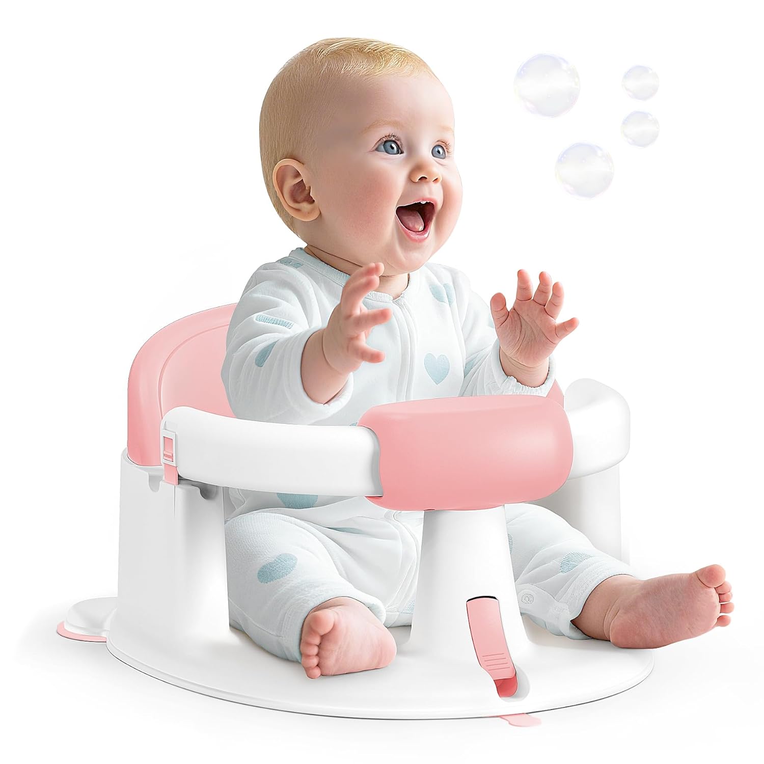 Baby Bath Seat Baby Bathtub - with Strong Suction Cups and 360° Surround Support – Easy Release, Non-Slip Cushion, Lockable Armrests – Infant Bath Chair for Babies 6-24 Months, Pink