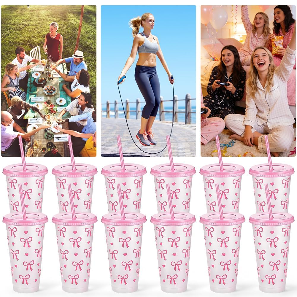 12 Bicchieri con Fiocco Rosa 700ml con Coperchio e Cannuccia – Bicchieri Riutilizzabili per Feste, Addii al Nubilato, Matrimoni, Ufficio