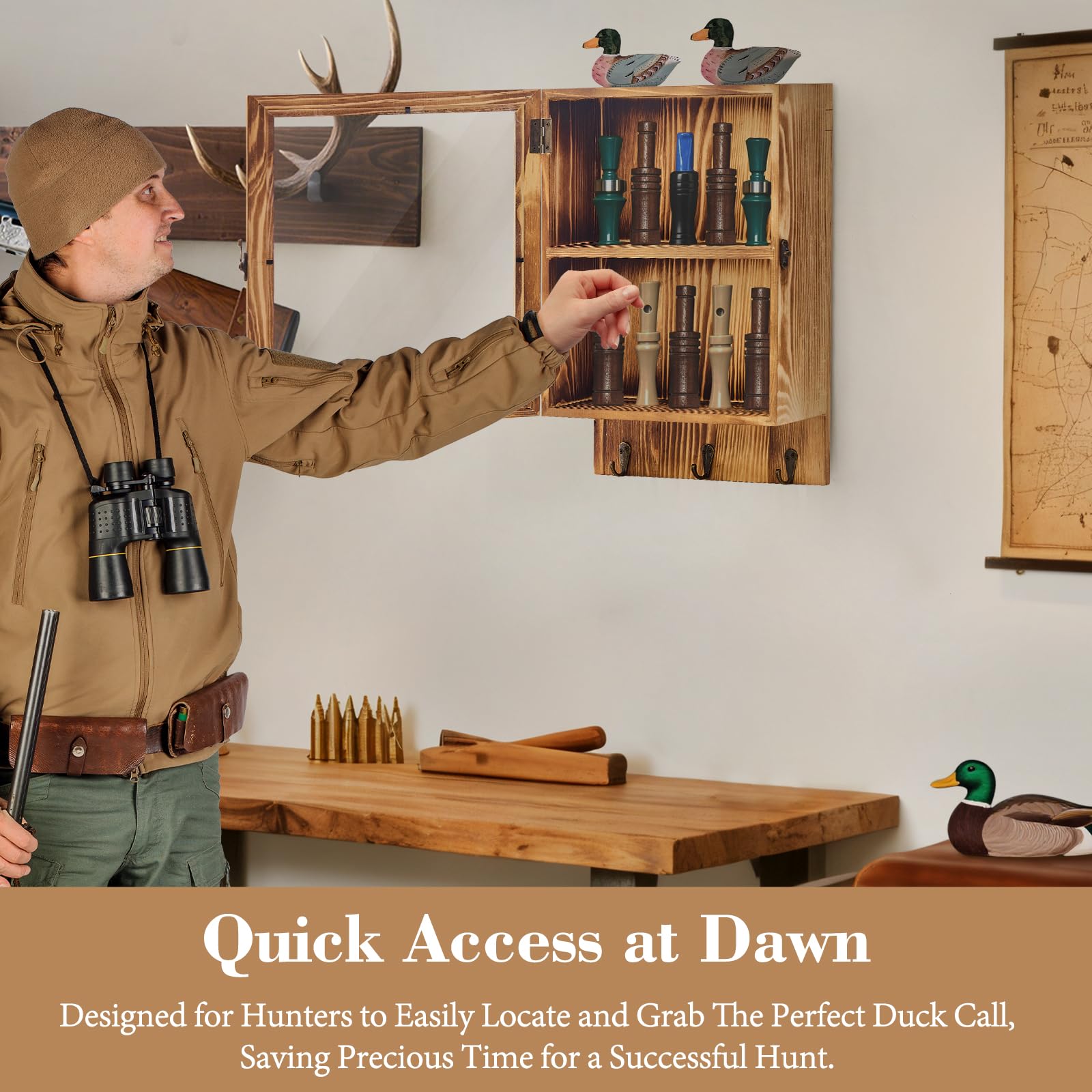 Duck Call Display Rack con 10 slot e 3 ganci per cordino, attrezzatura da caccia con anatra con porta in acrilico trasparente, organizer da parete in legno, per uomini e collezionisti