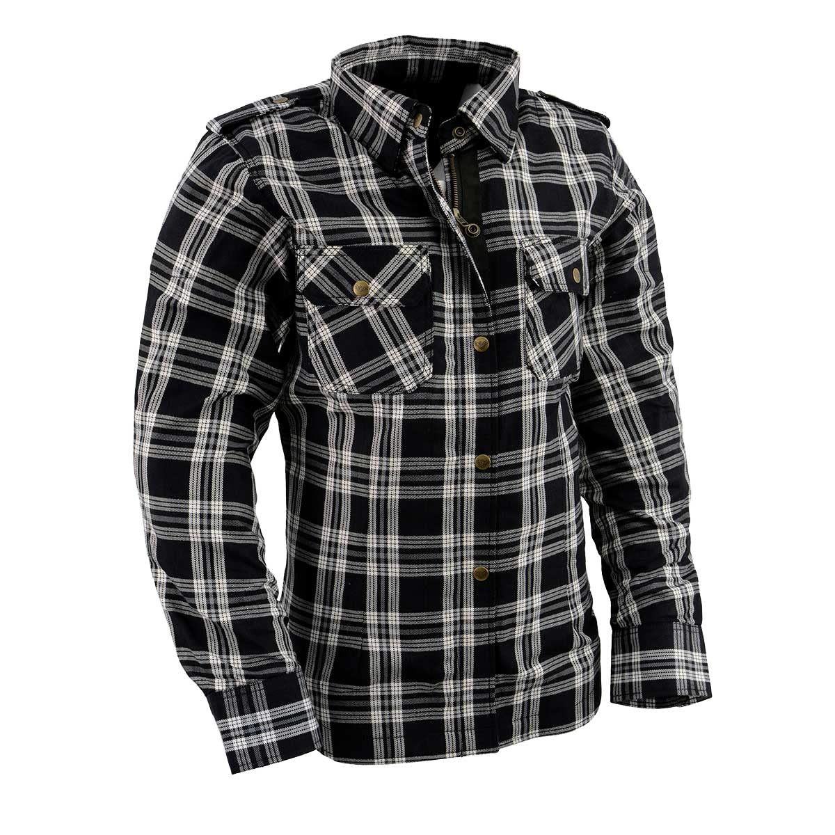 Milwaukee Leather MPL2600 Women’s Plaid Flannel Biker Shirt w/CE Approved Armor - Reinforced w/Aramid Fiber - Large Black