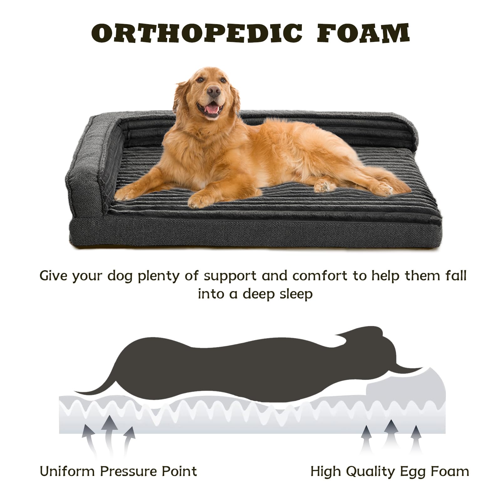WINDRACING Orthopedic Dog Beds for Extra Large, XXLarge Dogs, Waterproof Egg Foam Dog Sofa Bed with L Bolster Sides, Washable Pet Bed with Removable Cover & Non-Slip Bottom, 46 x 30 inch, Gray - image 2