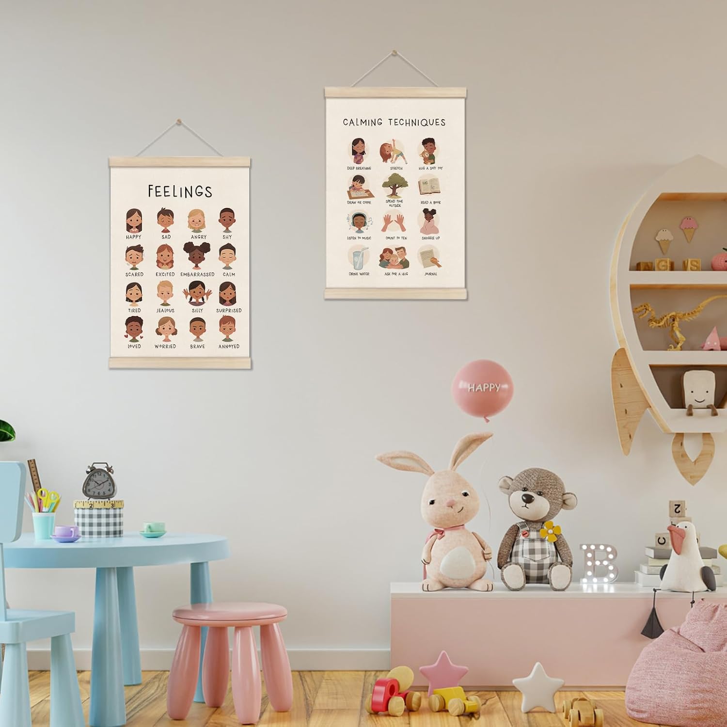 DOI-LANEE Feelings Chart 16x12 Inch, Mental Health Poster Hanger Frame, Montessori Emotions Poster Wall and Therapy Office Decor, Psychology Gifts, Set of 2 Preschool Classroom Decor