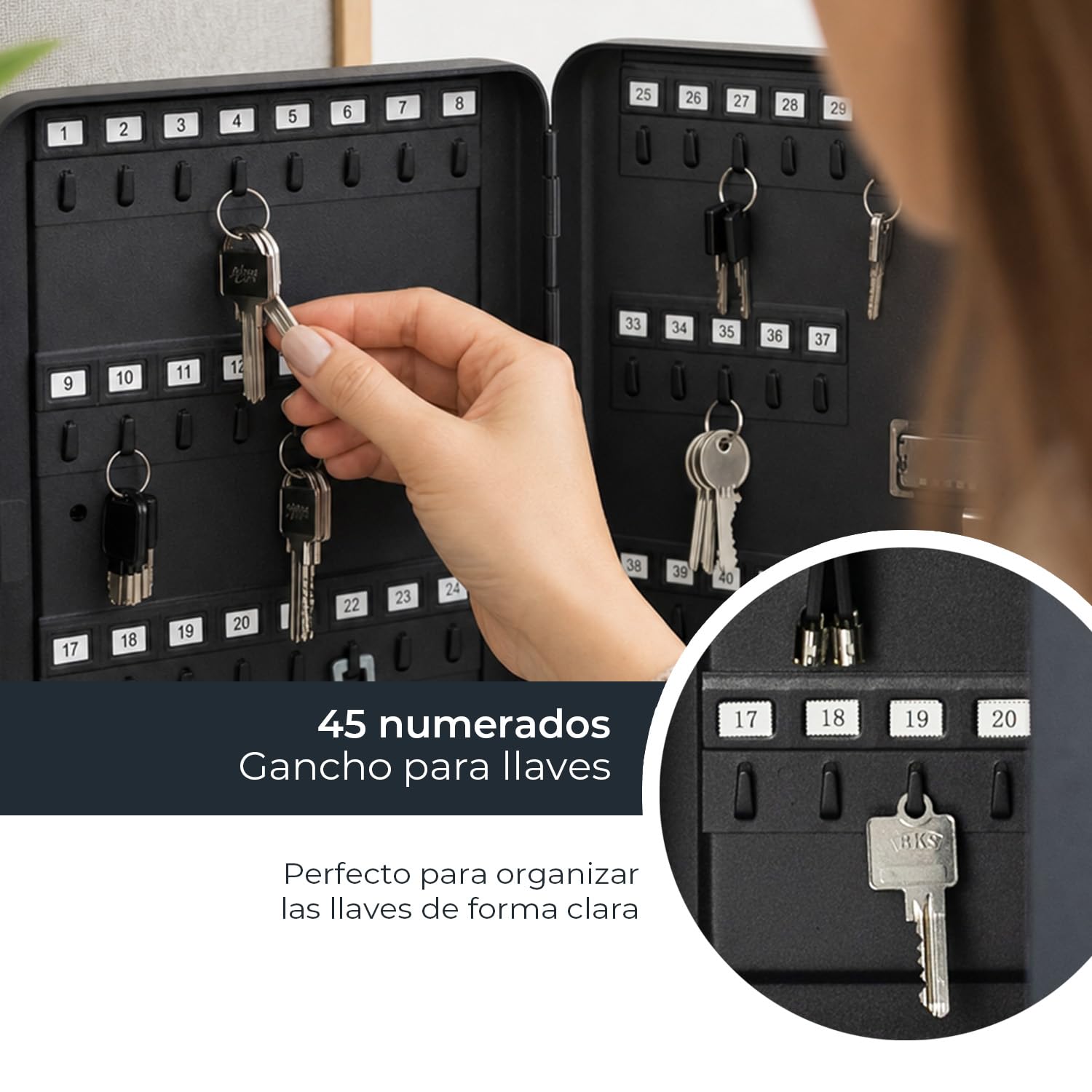 HMF Caja para Llaves Grande de Acero, Armario para Llaves con código numérico para Pasillo, despacho o Garaje | 45 Ganchos | 30 x 24 x 7,5 cm | Negro