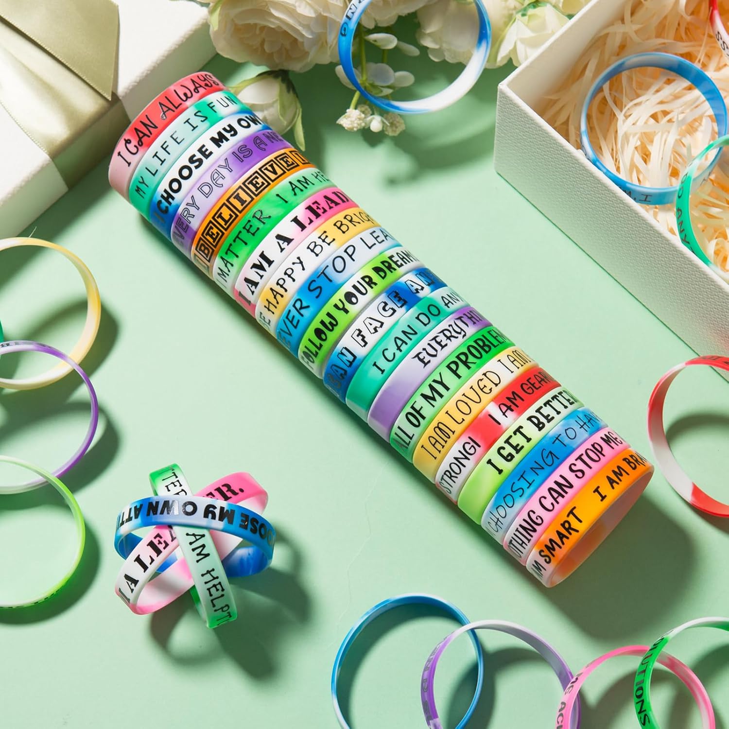 QEERBSIN 100 Pieces Inspirational Quote Wristbands -Bulk Pack Colored Motivational Bracelets- Stretch Unisex Wristbands for Men Women Teen Gifts, Party Favors,20 Styles - Image 2