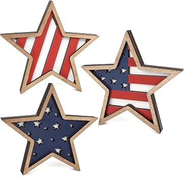 COCHIE 4th of July Decorations Wooden Stars, Patriotic Memorial Day Star Tiered Tray Decor Set of 3, Fourth of July Red White Blue Decoration for Home Office Table Shelf Flag Hollow