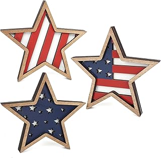 COCHIE 4th of July Decorations Wooden Stars, Patriotic Memorial Day Star Tiered Tray Decor Set of 3, Fourth of July Red White Blue Decoration for Home Office Table Shelf (Flag Hollow)