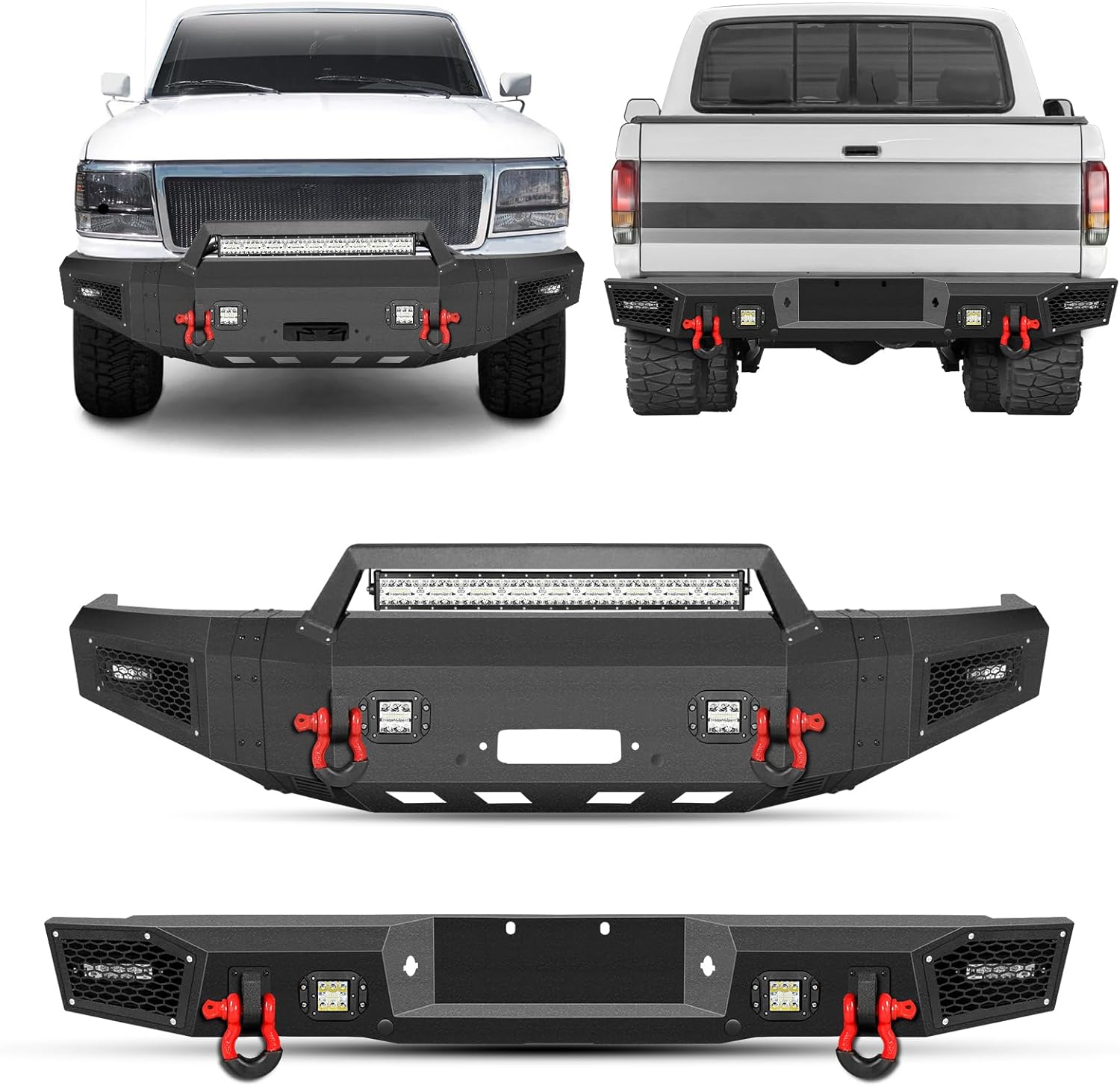 Front Bumper + Rear Bumper for 1992-1997 F150 F250 F350 Super Duty, AAIWA Steel Bumper with LED Light Bar, D-rings and Winch Plate