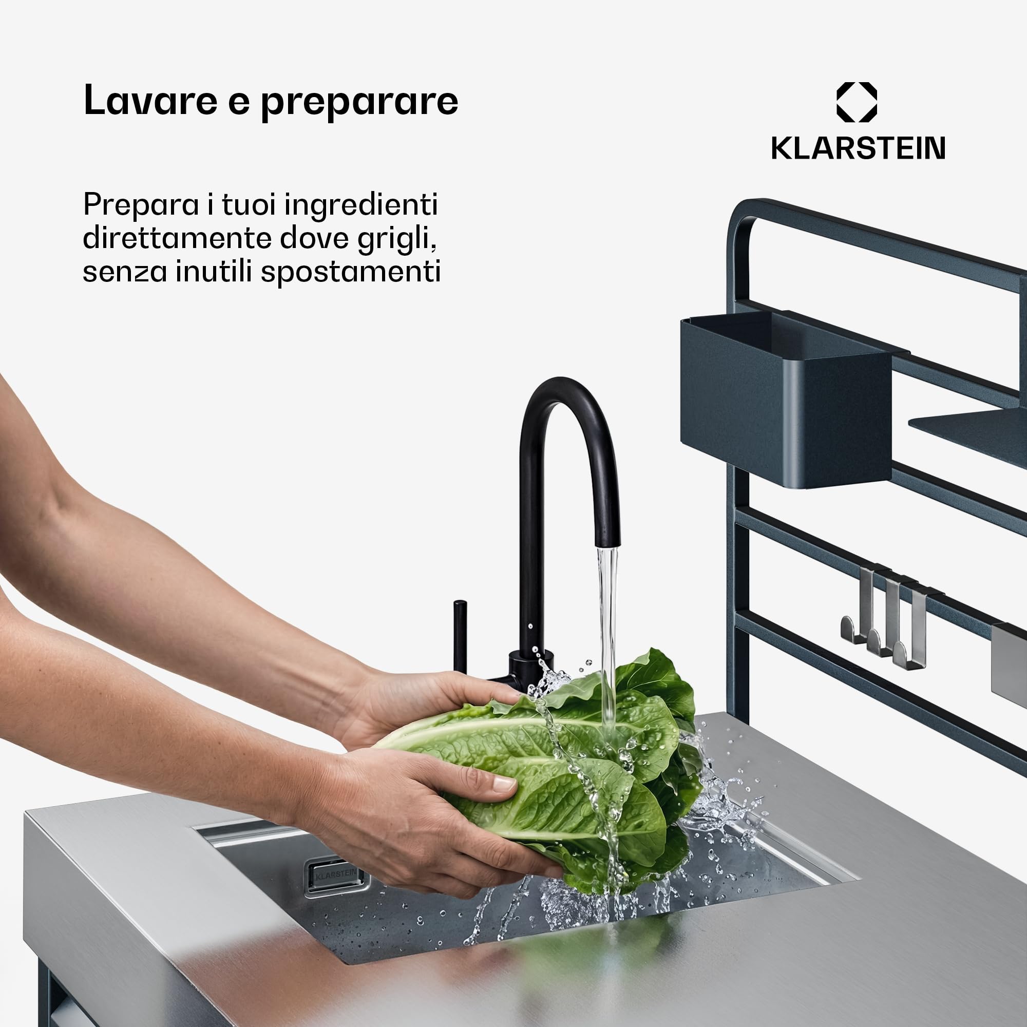 Klarstein WaldChef Mobile con lavello - Mobile per cucine esterne con lavello e piano di lavoro in acciaio inox, acciaio verniciato a polvere, ripiano & cestino estraibile per rifiuti