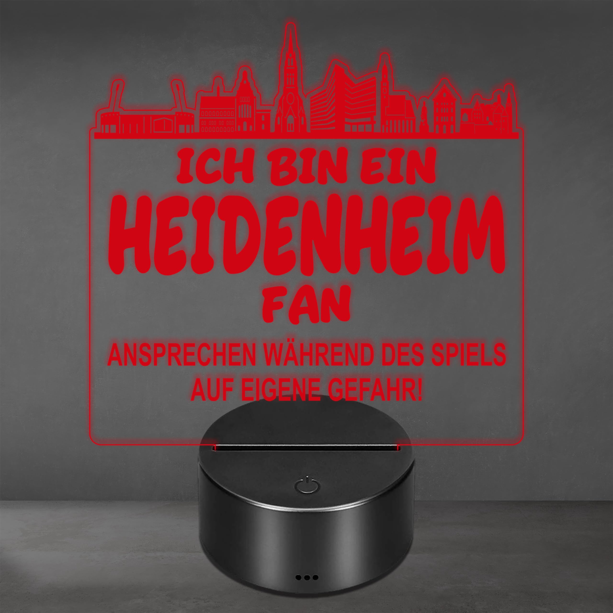 Lieblingsmensch Heidenheim Fan Fußball LED Nachtlicht – 3D Skyline Design „Ansprechen auf eigene Gefahr“ – RGB Farbwechsel mit Fernbedienung & Touch – Stimmungslicht für die Man Cave – 19x23cm