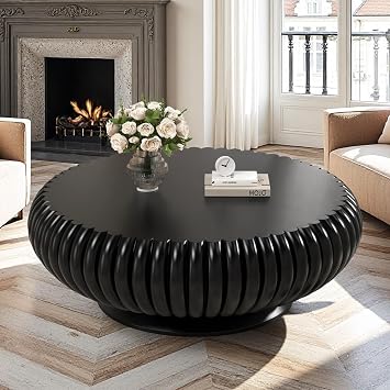 Round Fluted Coffee Table, Modern Drum Circle Coffee Table, Small Center Tables, Low Side Table for Living Room, Apartment, Farmhouse, Office, Mesa De Cafe, Easy Assembly 35.43" Black