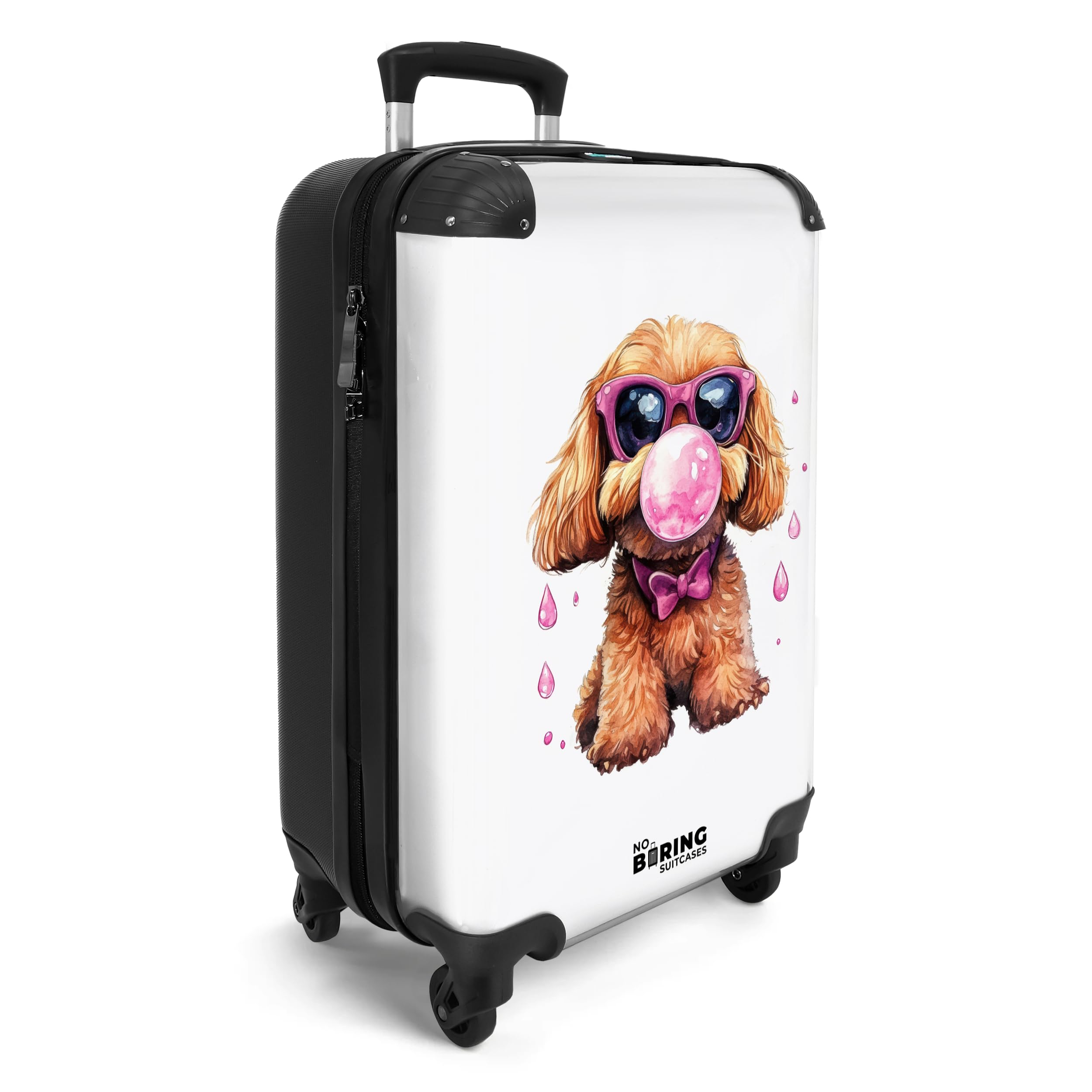 NoBoringSuitcases.com® Maleta De Cabina Niños 55x35x20 cm Equipaje Mano Infantil Viaje Avion Trolley Rígido Ligero 4 Ruedas Maletas Carry On Suitcase Perro - Marrón - Gafas - Rosa - Chicle