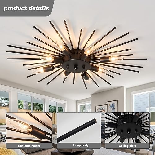 Miniatura 3 de ZGLAOJT Semi Flush Mount 8 Light Ceiling Light Modern Metal Ceiling Lighting Black Light Fixture for Farmhouse Kitchen Dining Room Bedroom Hallway
