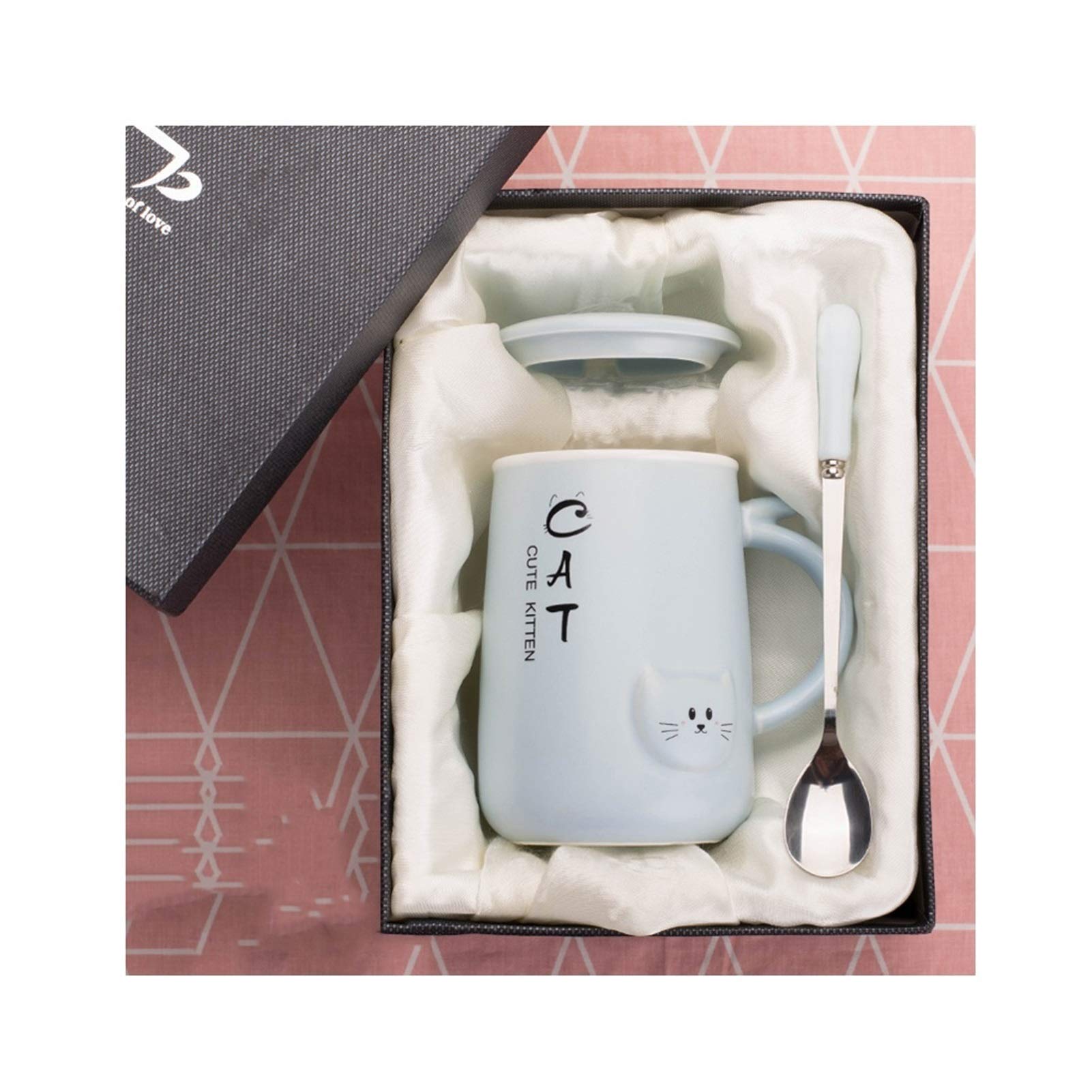 Taza de café, Taza de té, Taza de café de cerámica con Tapa y Cuchara, Hermosa Taza en Forma de Gato 3D, Tazas de Agua/té/Leche, Oficina en casa (Azul)