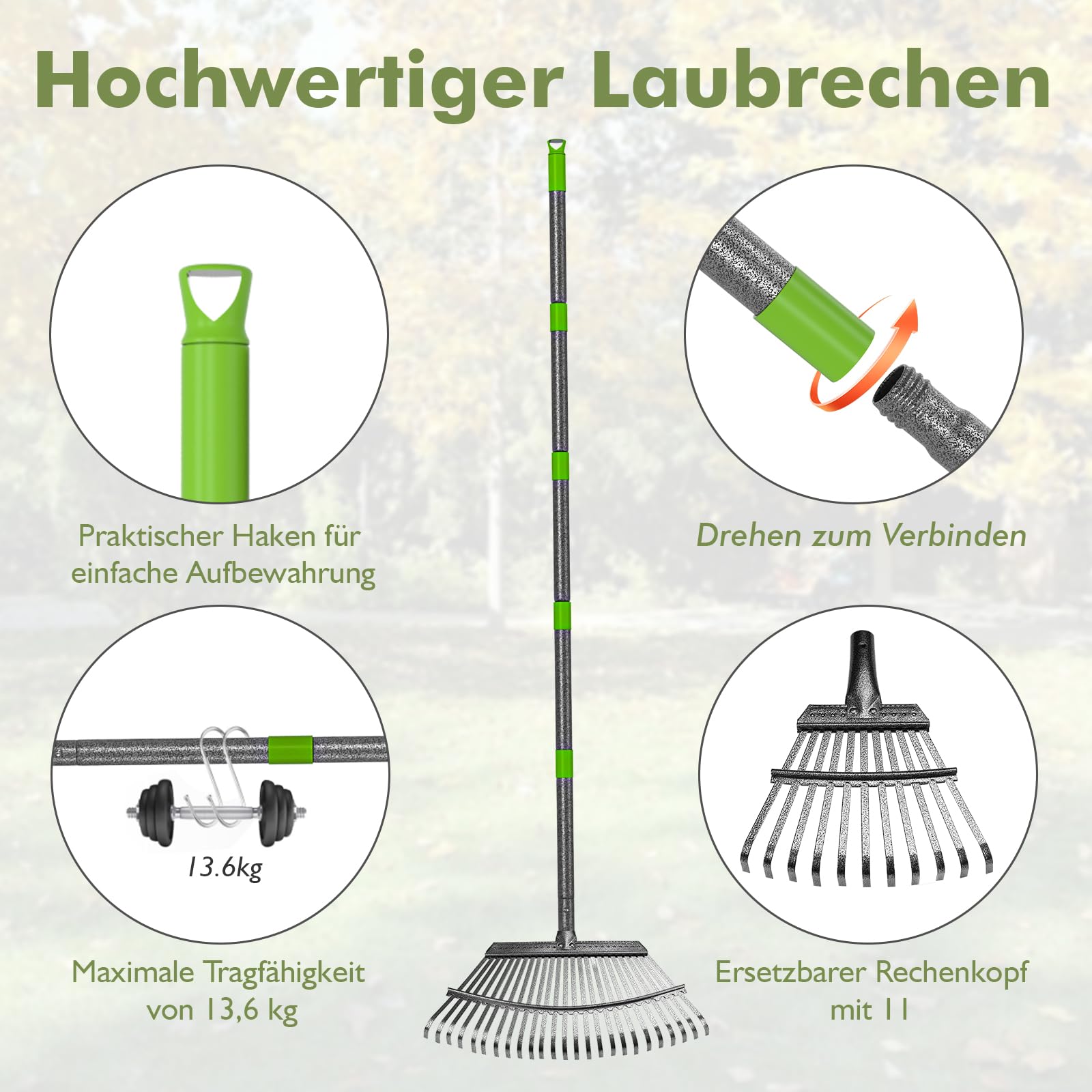 Rechen Garten,25+11 Zinken Laubrechen mit Stiel Metall, Verstellbarer Stiel (70-185 cm),Schwerlast Laub,Gartenharke für Laub, Rasen, Boden,inkl. 2 Handschuhe