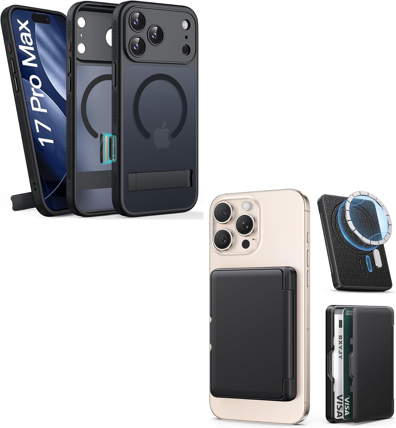 for iPhone 17 Pro Max Magnetic Stand Case with Black Magnetic Wallet, Camera Control Button, Full Lens Protection, Compatible with MagSafe, Military Grade Case for iPhone 17 Pro Max, Black