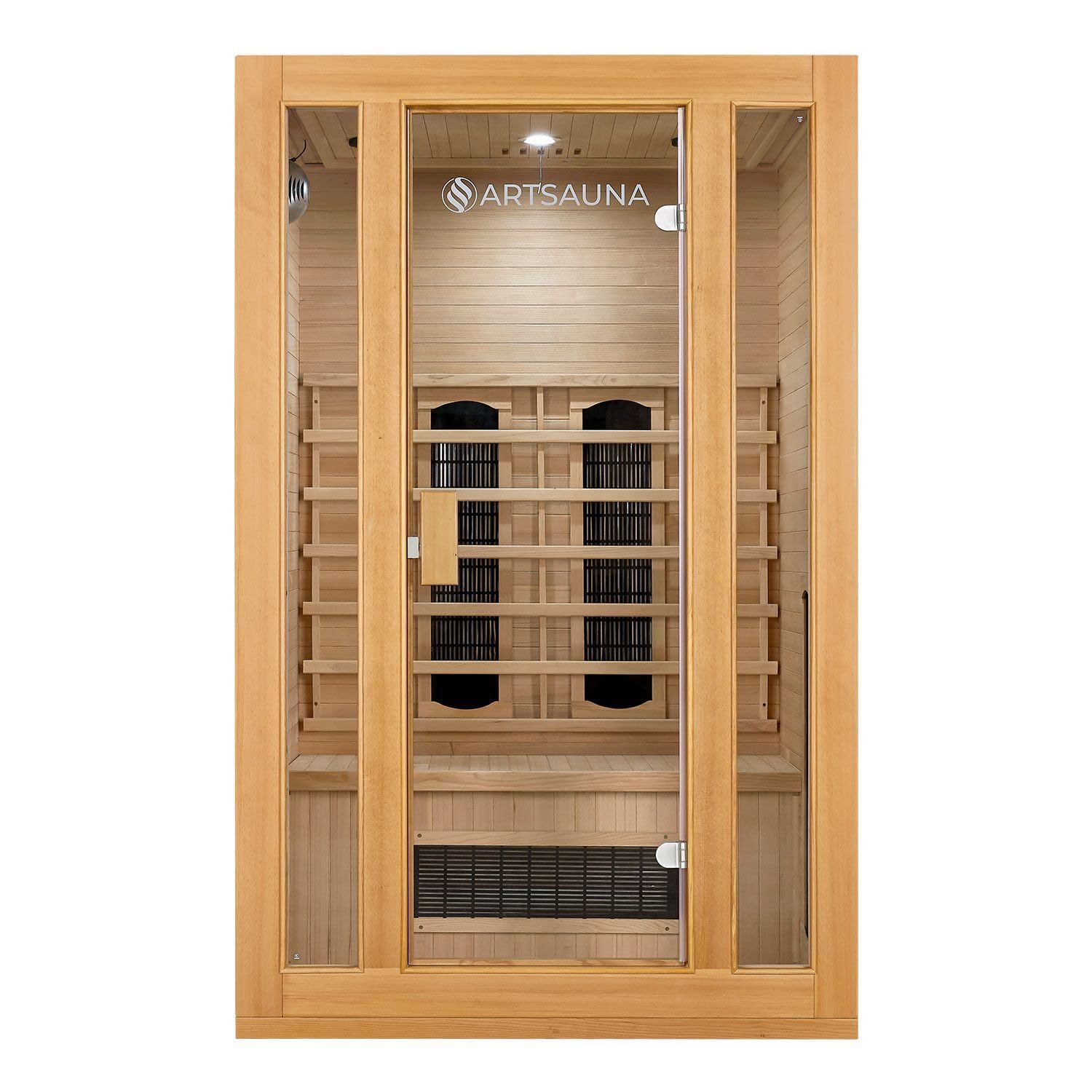 Artsauna Infrarotkabine Nyborg S120K Keramikstrahler & Hemlockholz, 2 Personen, 120 x 105 x 190 cm, LED Farblicht & Glastür, Infrarotsauna Sauna