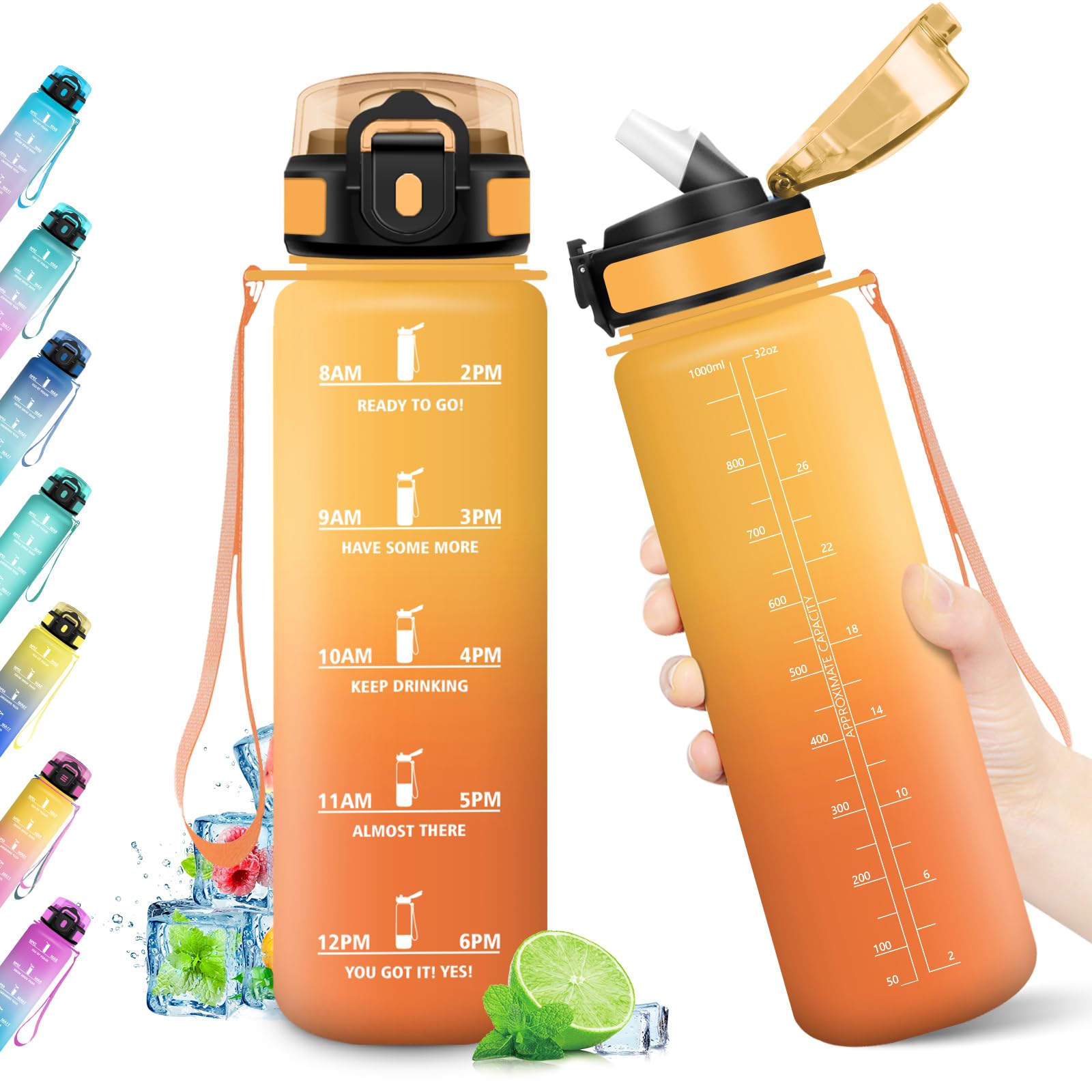 Borraccia 1L, Bottiglia con Indicatore del Tempo Motivazionale, Bottiglia con Cannuccia, Riutilizzabile, senza BPA, A Prova di Perdite, per Fitness, Scuola, Ufficio, Ciclismo, Alpinismo, Yoga