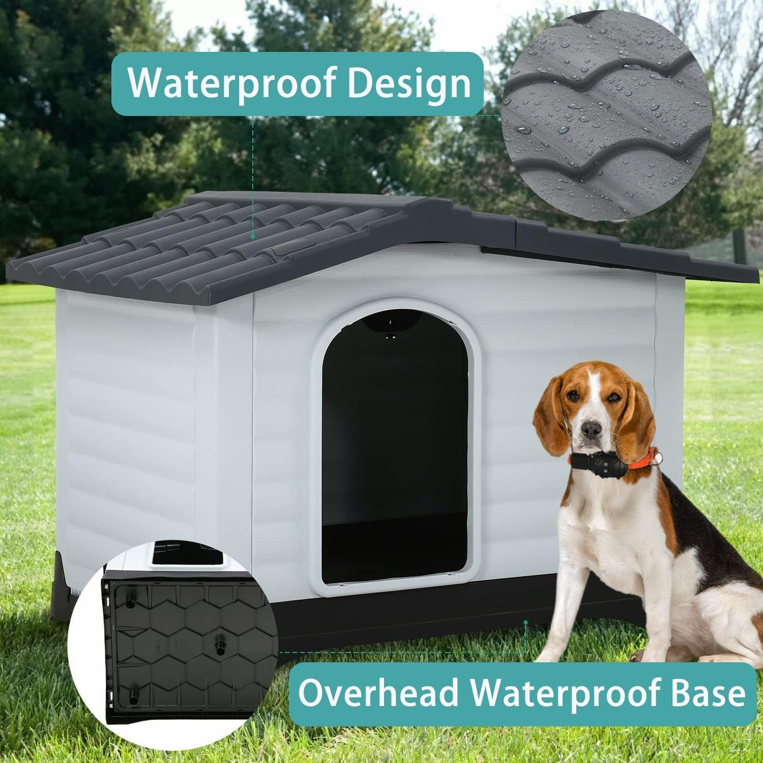 Dog House, Indoor Outdoor Dog Houses Plastic Waterproof Ventilate for Small Medium Dogs, All Weather Dog House with Air Vents and Elevated Floor, 26 Inch High