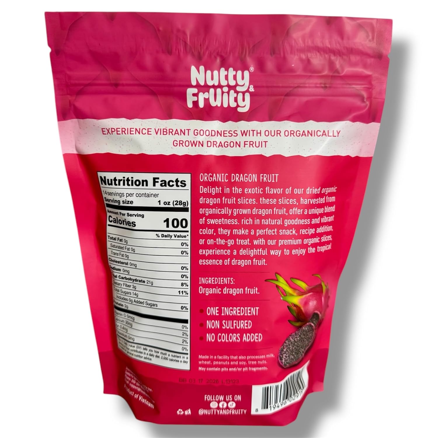 Nutty & Fruity Organic Dragon Fruit – Soft & Chewy Dried Dragon Fruit Slices – One Ingredient, Non-Sulfur, No Added Colors – USDA Organic – 14 oz Resealable Bag