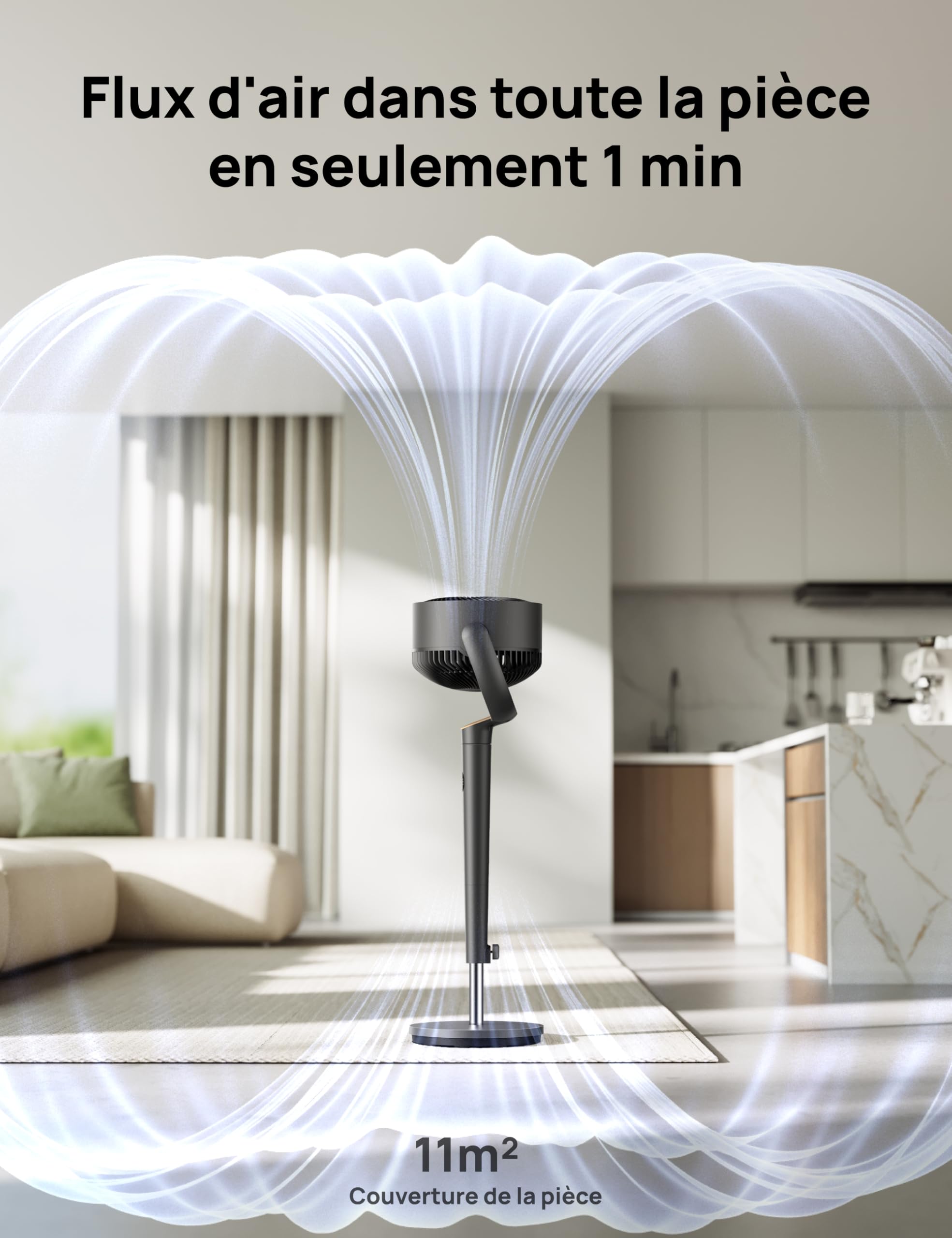 DREO ventilateur sur pied très silencieux avec télécommande, ventilateur grand format 20 dB avec moteur CC, oscillation 120°, 3 modes, hauteur réglable 94–107 cm, ventilateur de sol TurboPoly™ 512