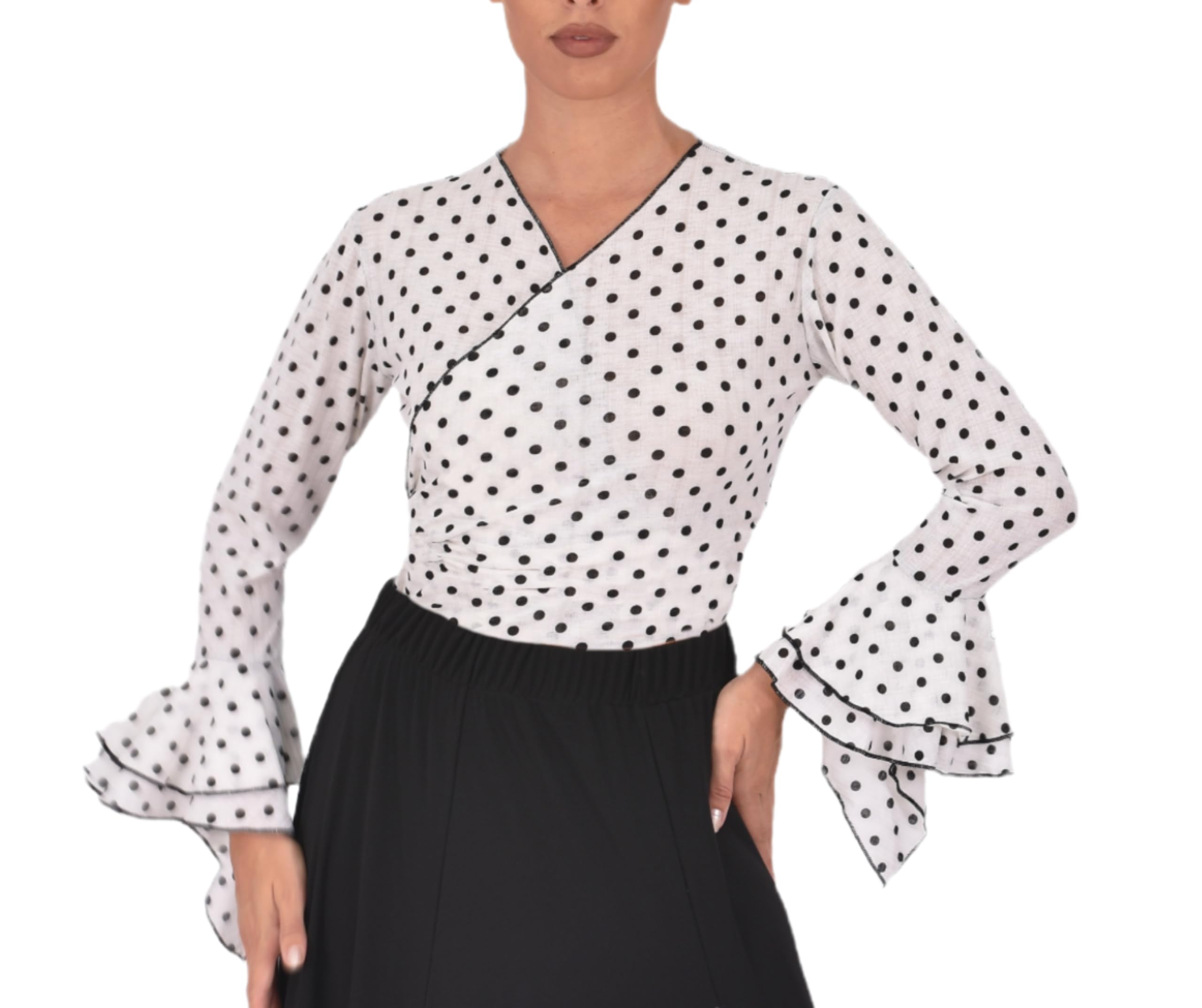 Bolero Torera Top Cruzado Flamenco Tejido elástico Manga Larga con Dos Volantes — view 9