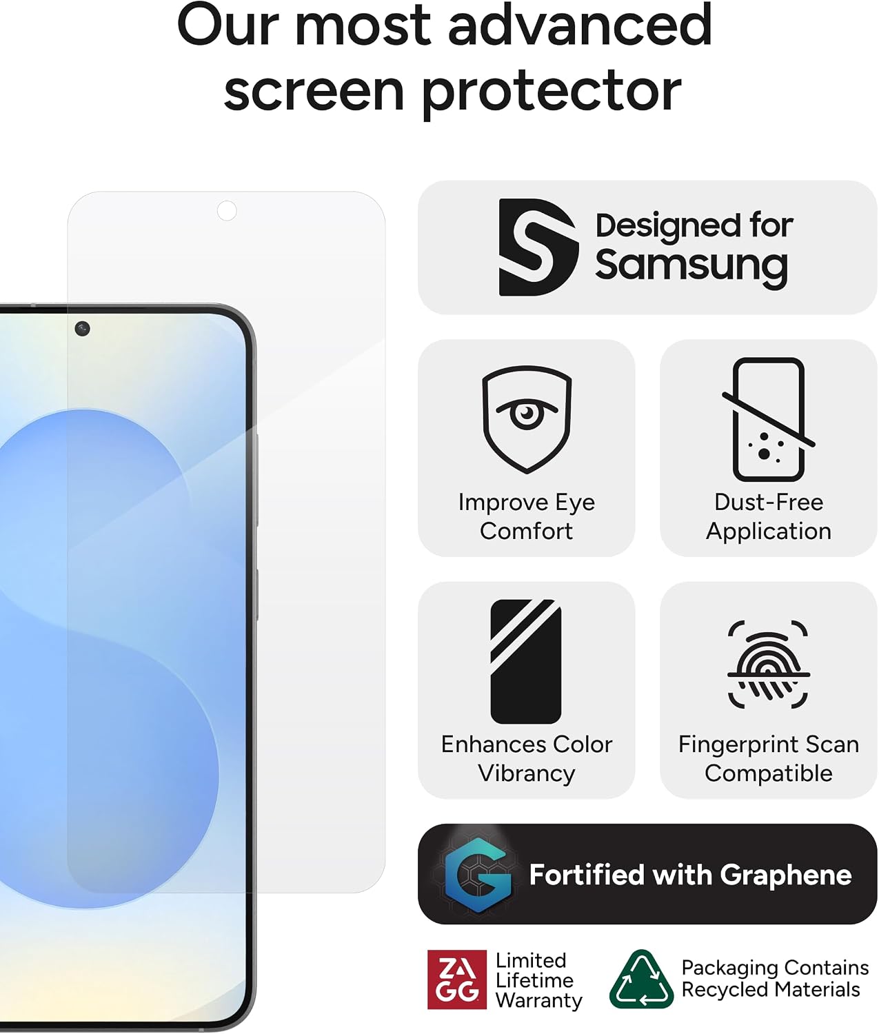 ZAGG Fusion XTR4 Samsung Galaxy S25+ Screen Protector - Flexible Hybrid Protection with Graphene, Eyesafe Blue Light Filter, Anti-Reflective, Scratch Resistant, InvisibleShield, Easy Installation